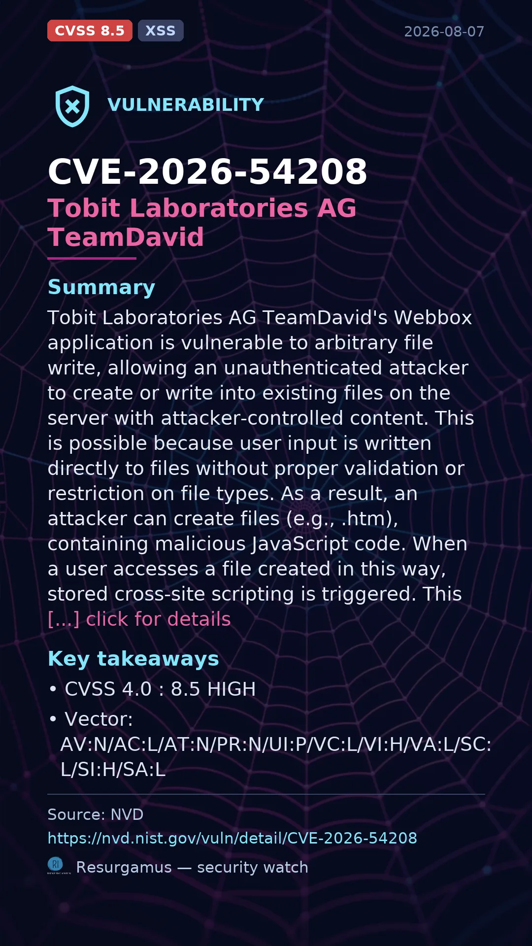 CVE-2026-54208 Tobit Laboratories AG TeamDavid Vulnerability