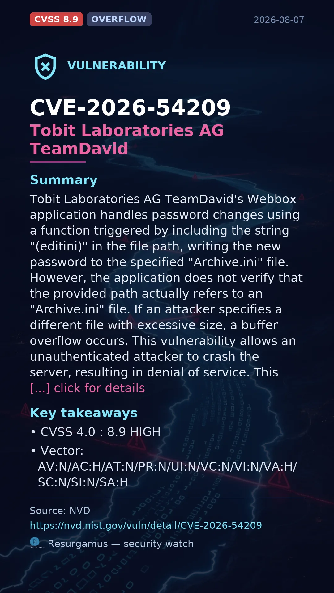 CVE-2026-54209 Tobit Laboratories AG TeamDavid Vulnerability