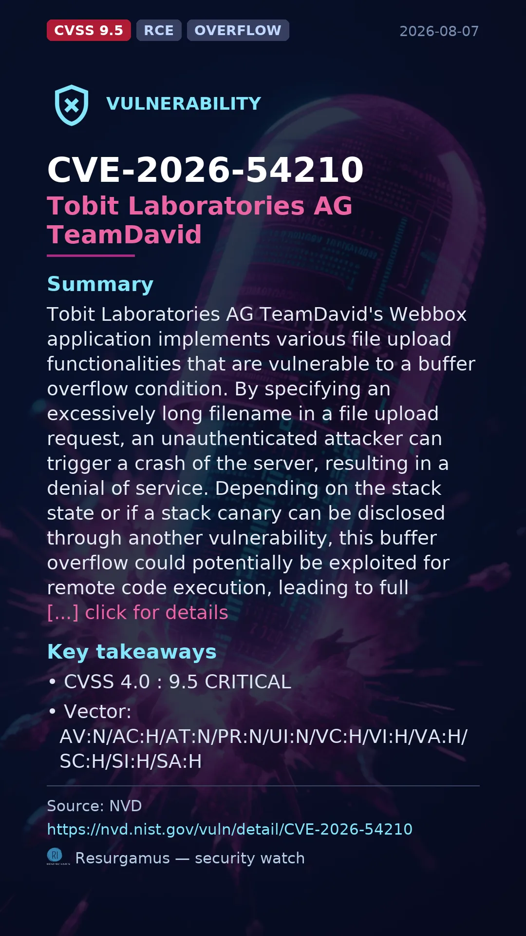 CVE-2026-54210 Tobit Laboratories AG TeamDavid Vulnerability