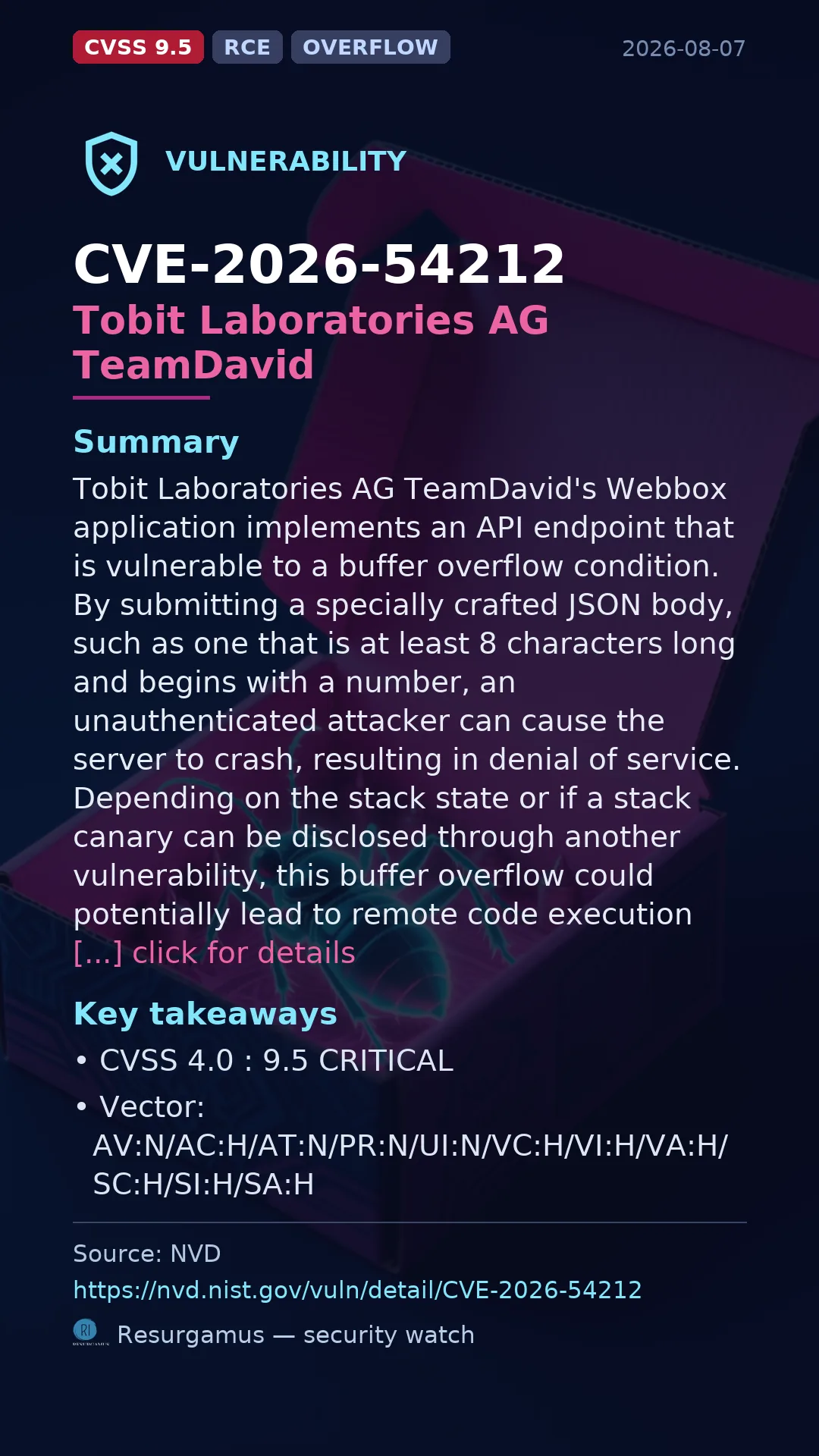 CVE-2026-54212 Tobit Laboratories AG TeamDavid Vulnerability