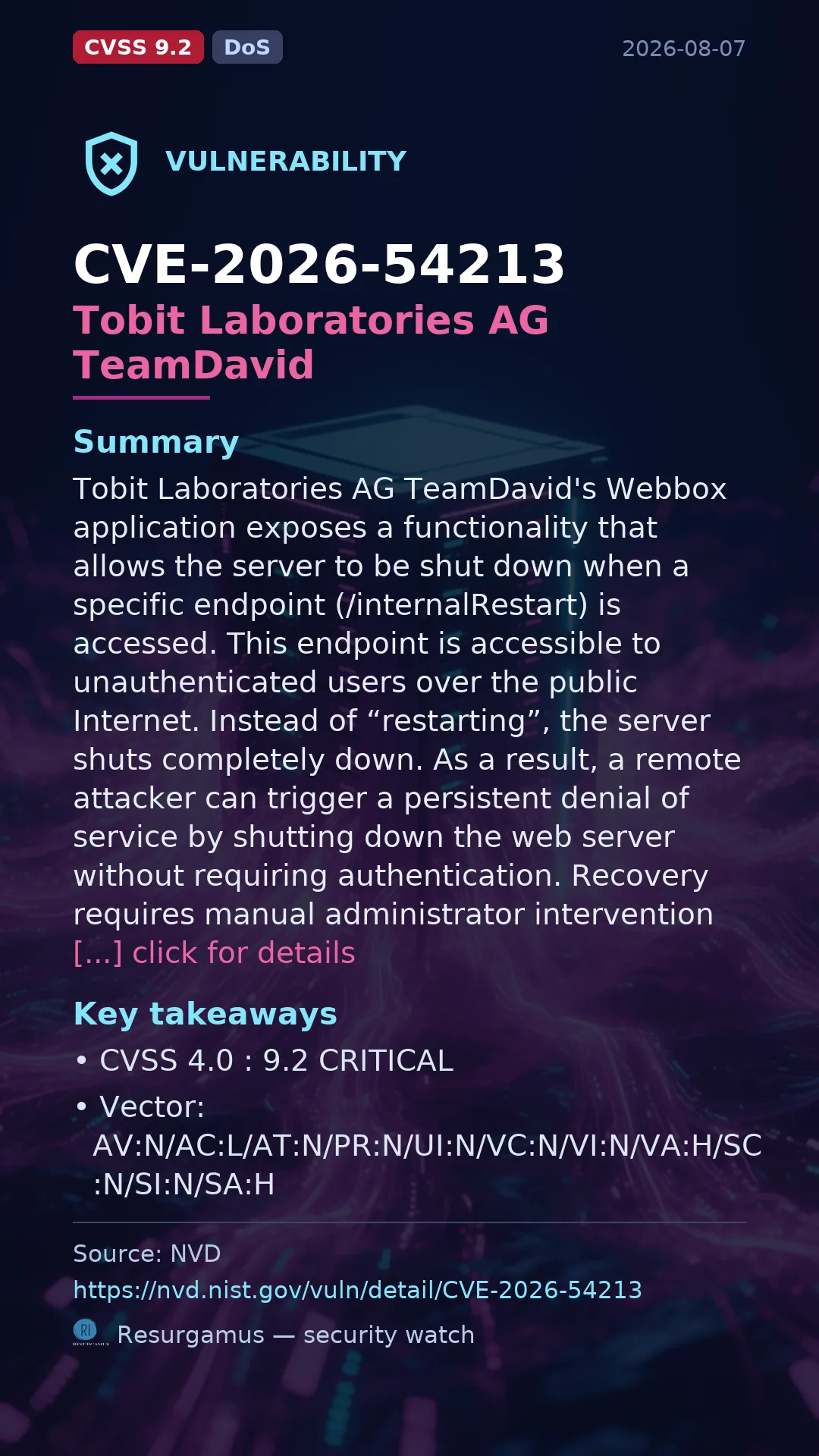 CVE-2026-54213 Tobit Laboratories AG TeamDavid Vulnerability