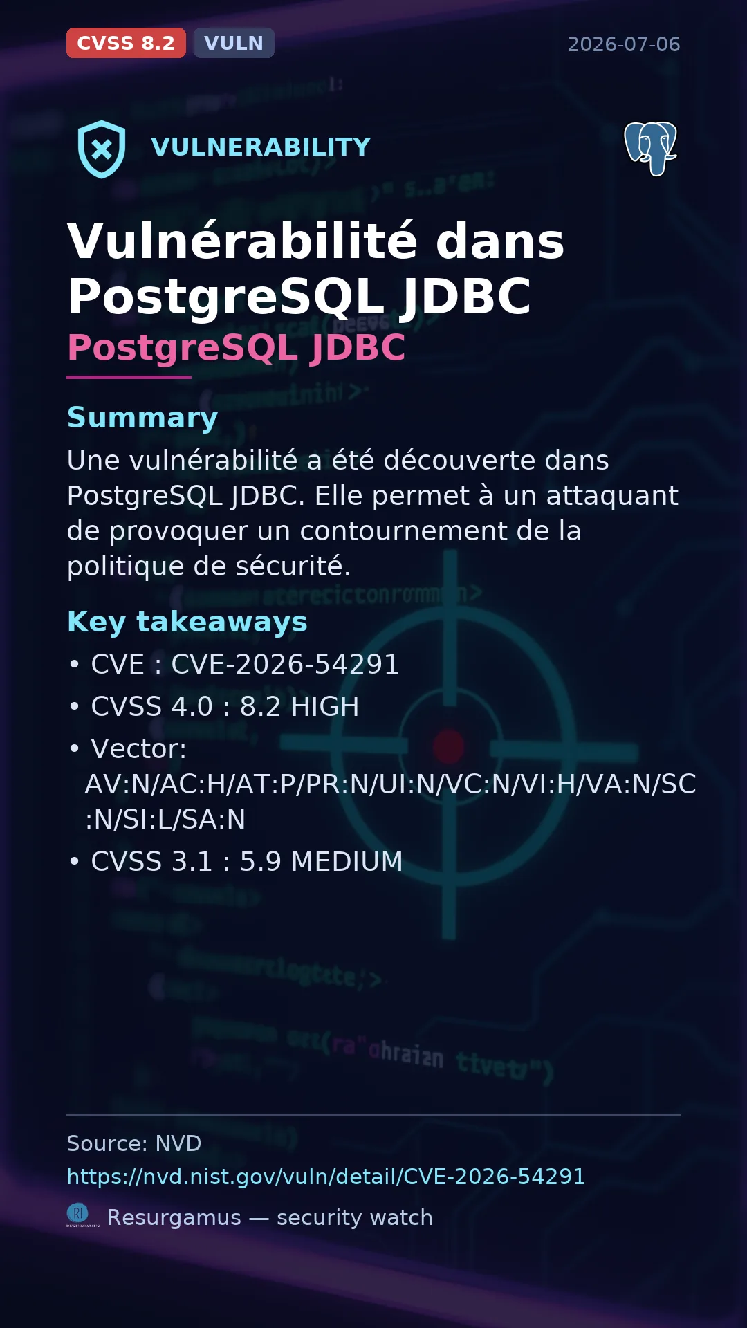 CVE-2026-54291 PostgreSQL JDBC Vulnerability