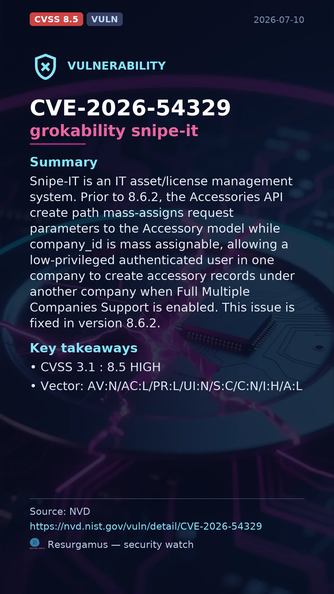 CVE-2026-54329 grokability snipe-it Vulnerability