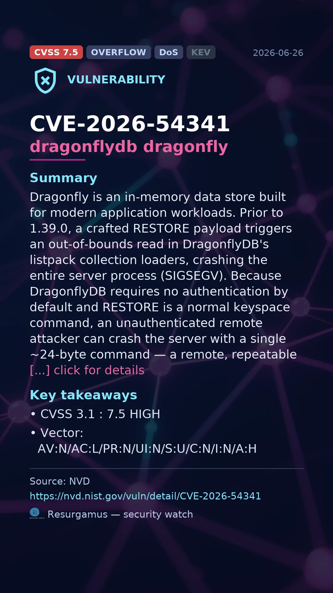 CVE-2026-54341 dragonflydb dragonfly Vulnerability