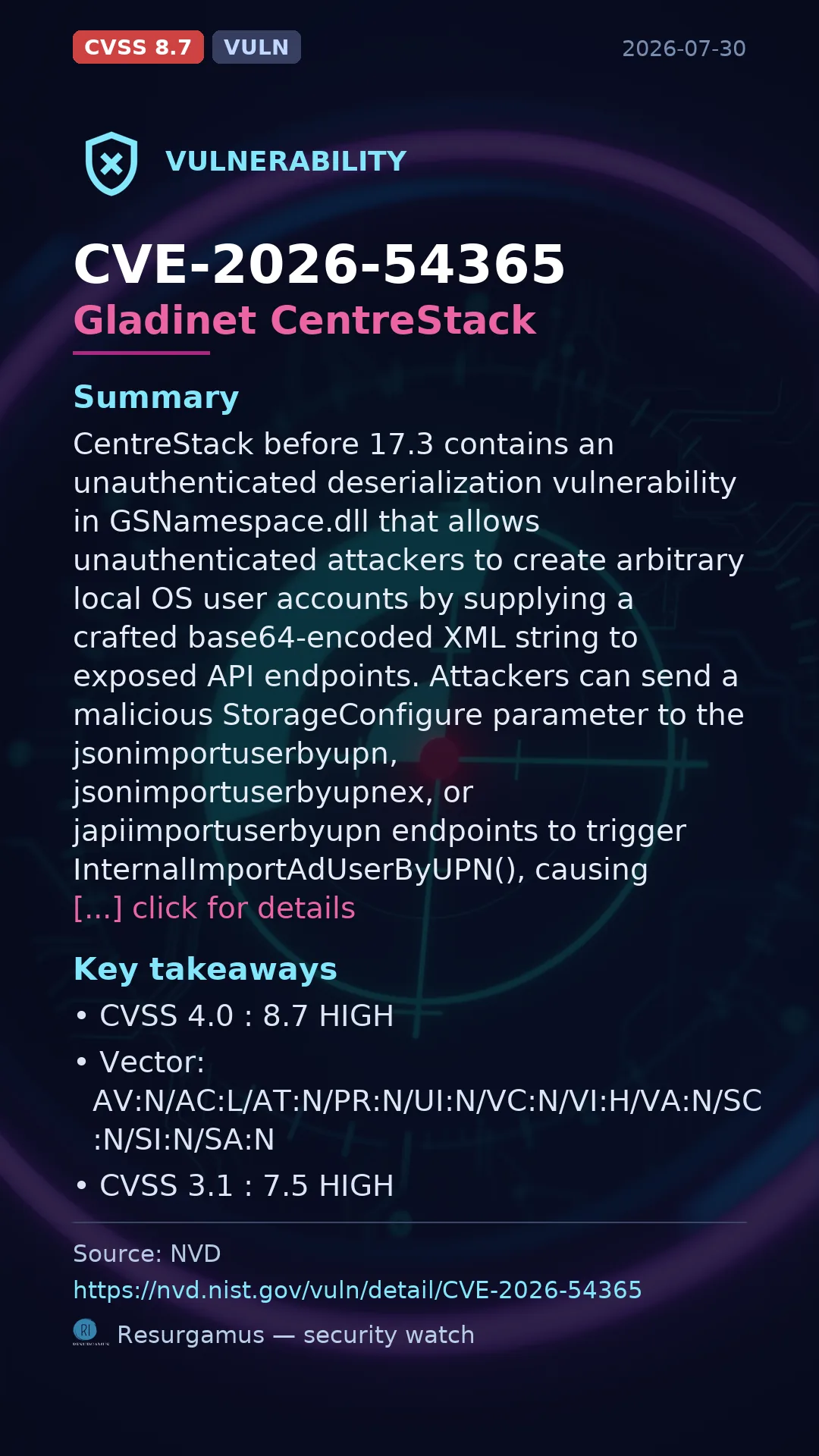 CVE-2026-54365 Gladinet CentreStack Vulnerability