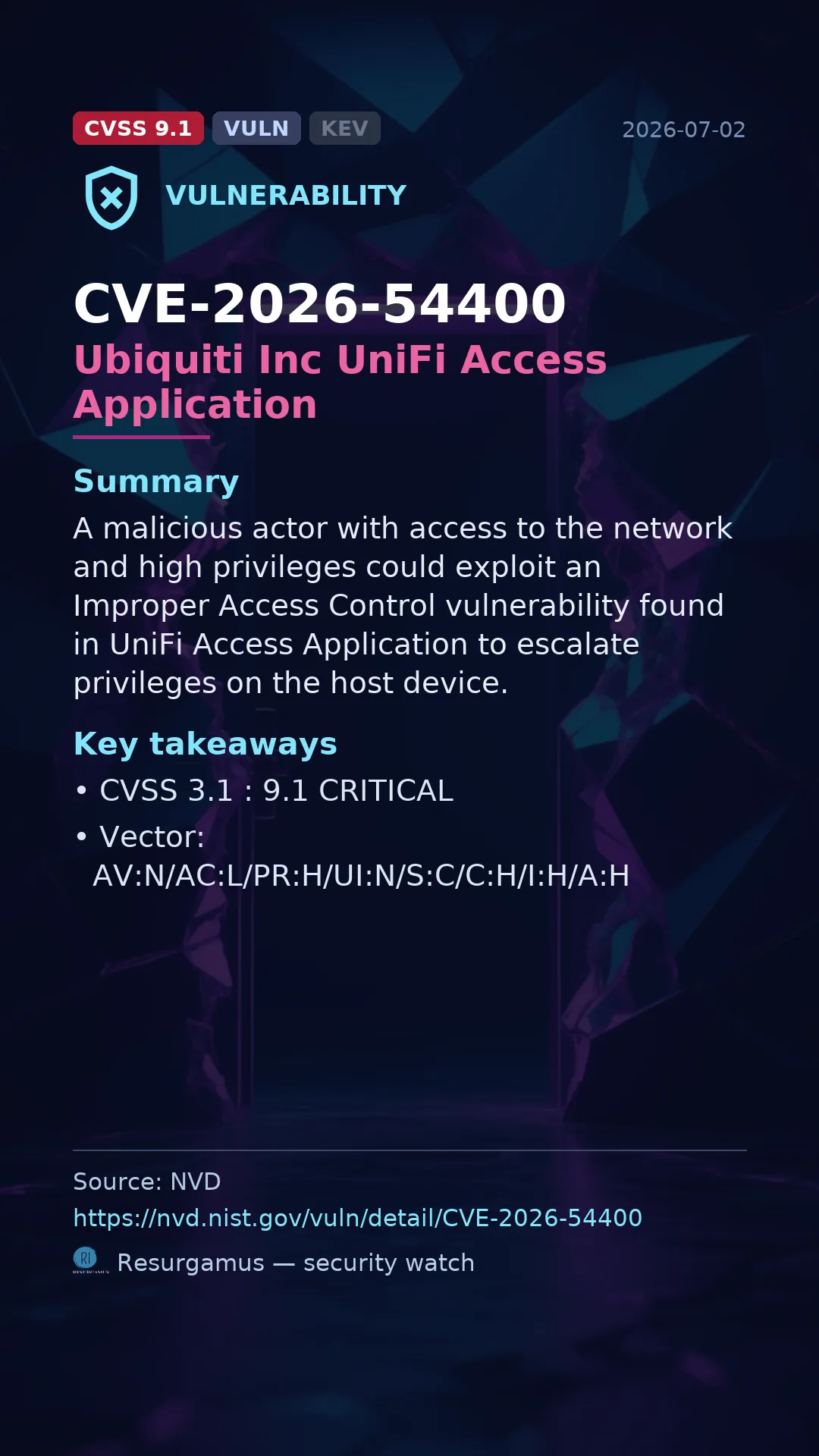 CVE-2026-54400 Ubiquiti Inc UniFi Access Application Vulnerability
