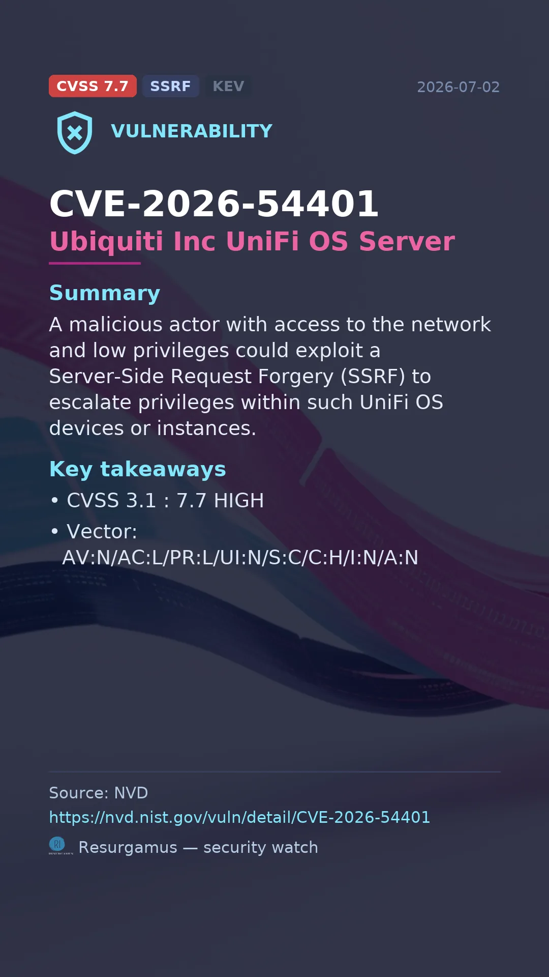 CVE-2026-54401 Ubiquiti Inc UniFi OS Server Vulnerability