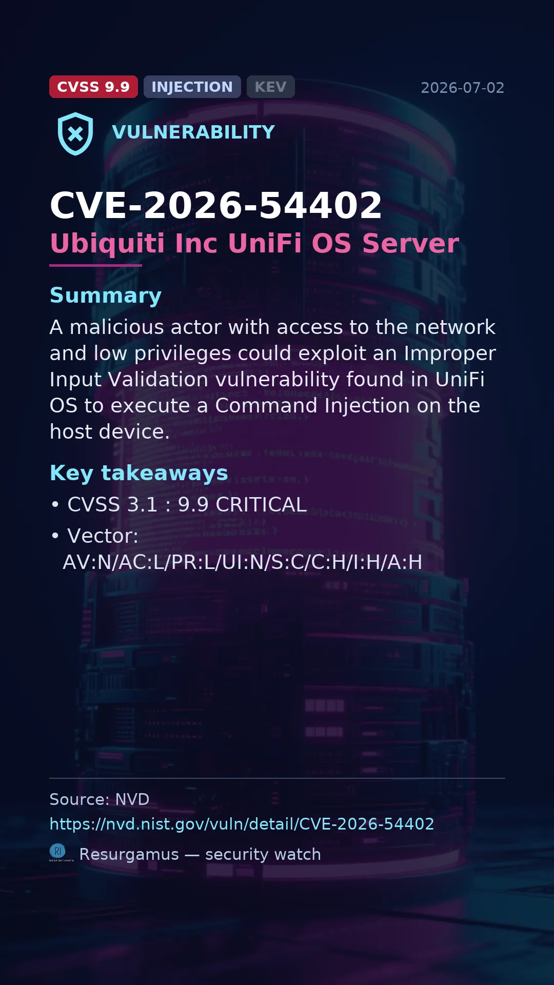 CVE-2026-54402 Ubiquiti Inc UniFi OS Server Vulnerability