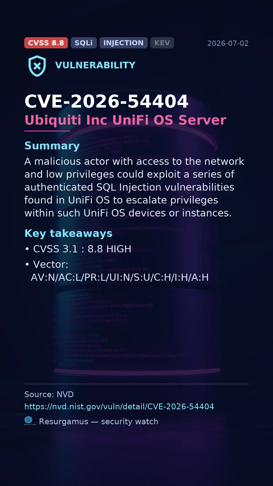 CVE-2026-54404 Ubiquiti Inc UniFi OS Server Vulnerability