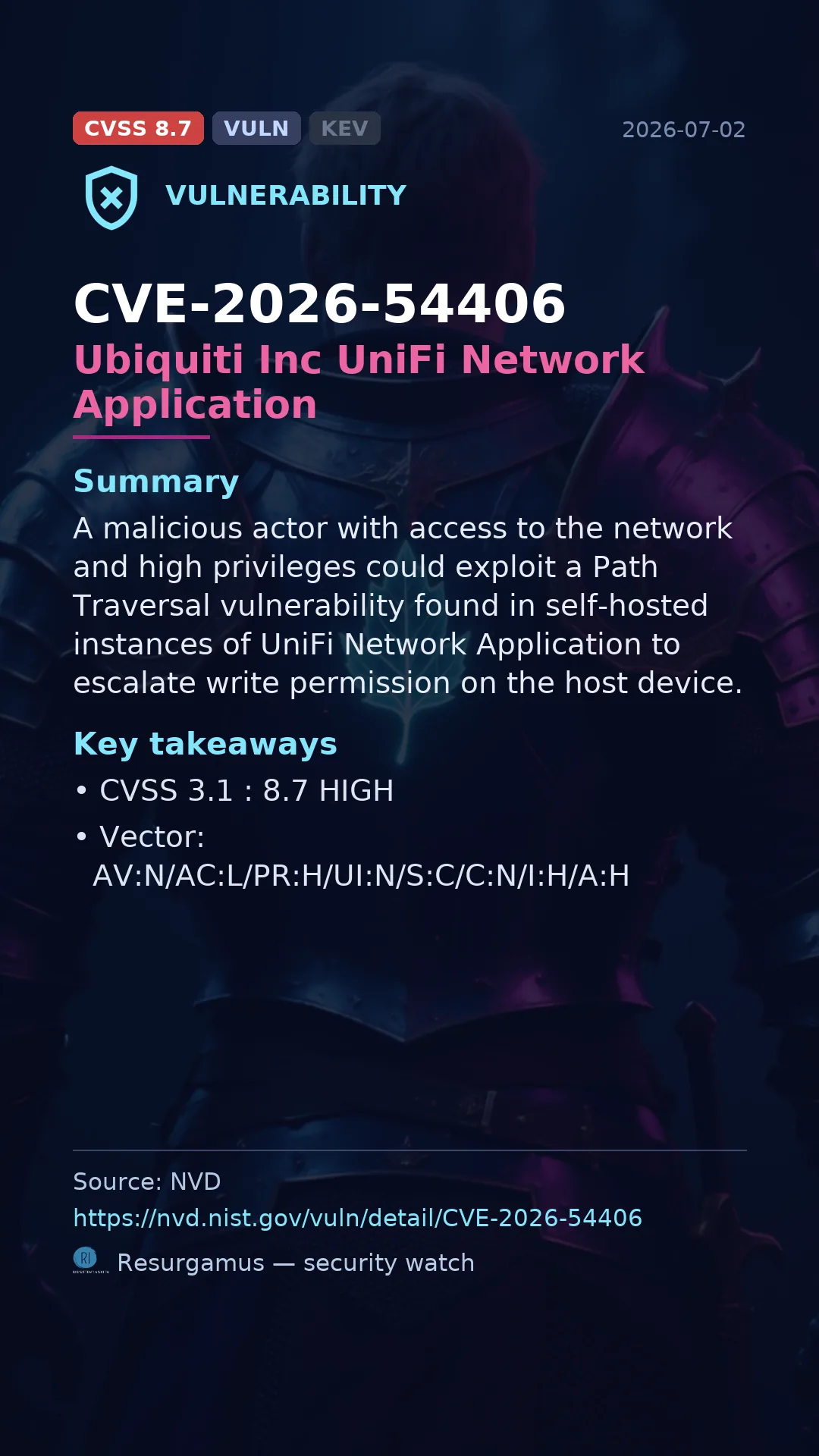 CVE-2026-54406 Ubiquiti Inc UniFi Network Application Vulnerability
