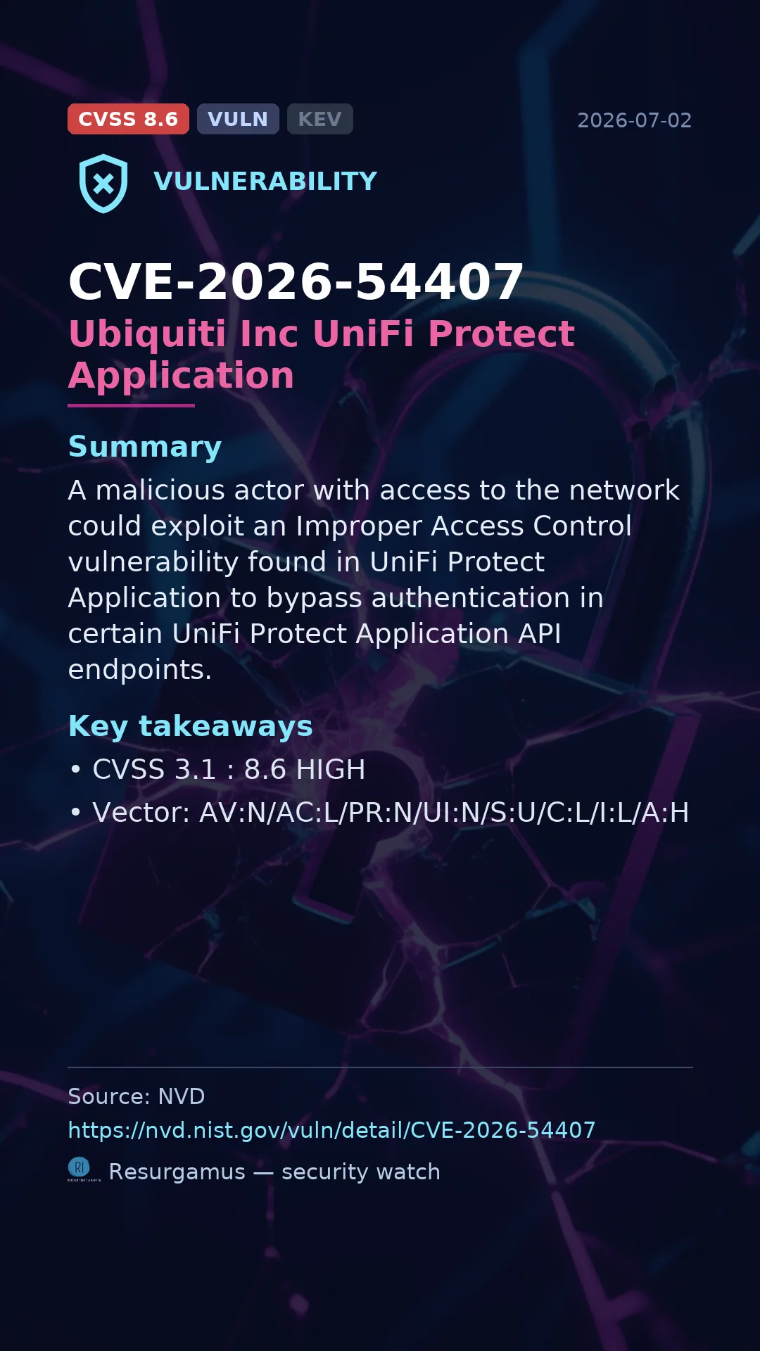 CVE-2026-54407 Ubiquiti Inc UniFi Protect Application Vulnerability