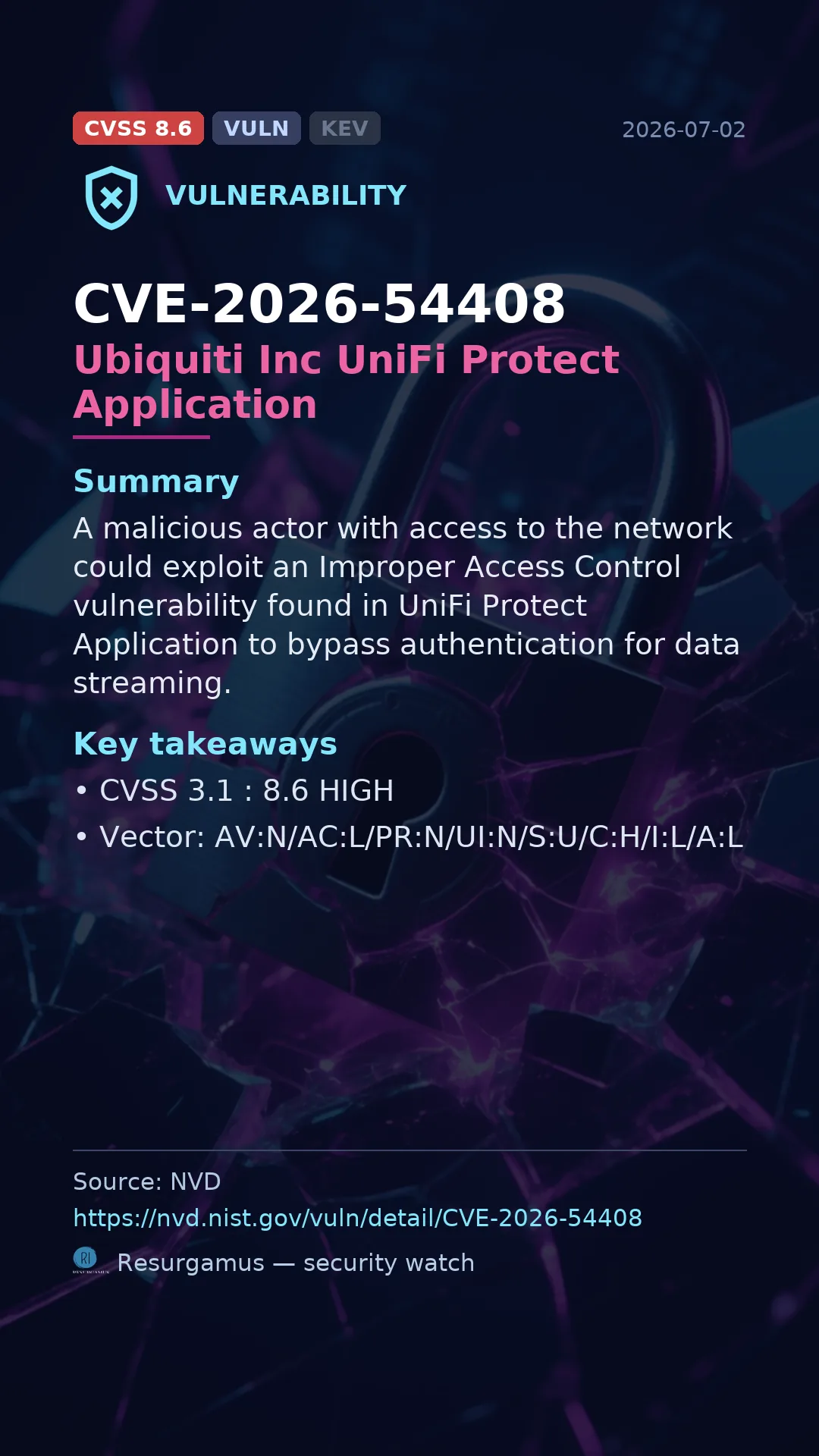 CVE-2026-54408 Ubiquiti Inc UniFi Protect Application Vulnerability