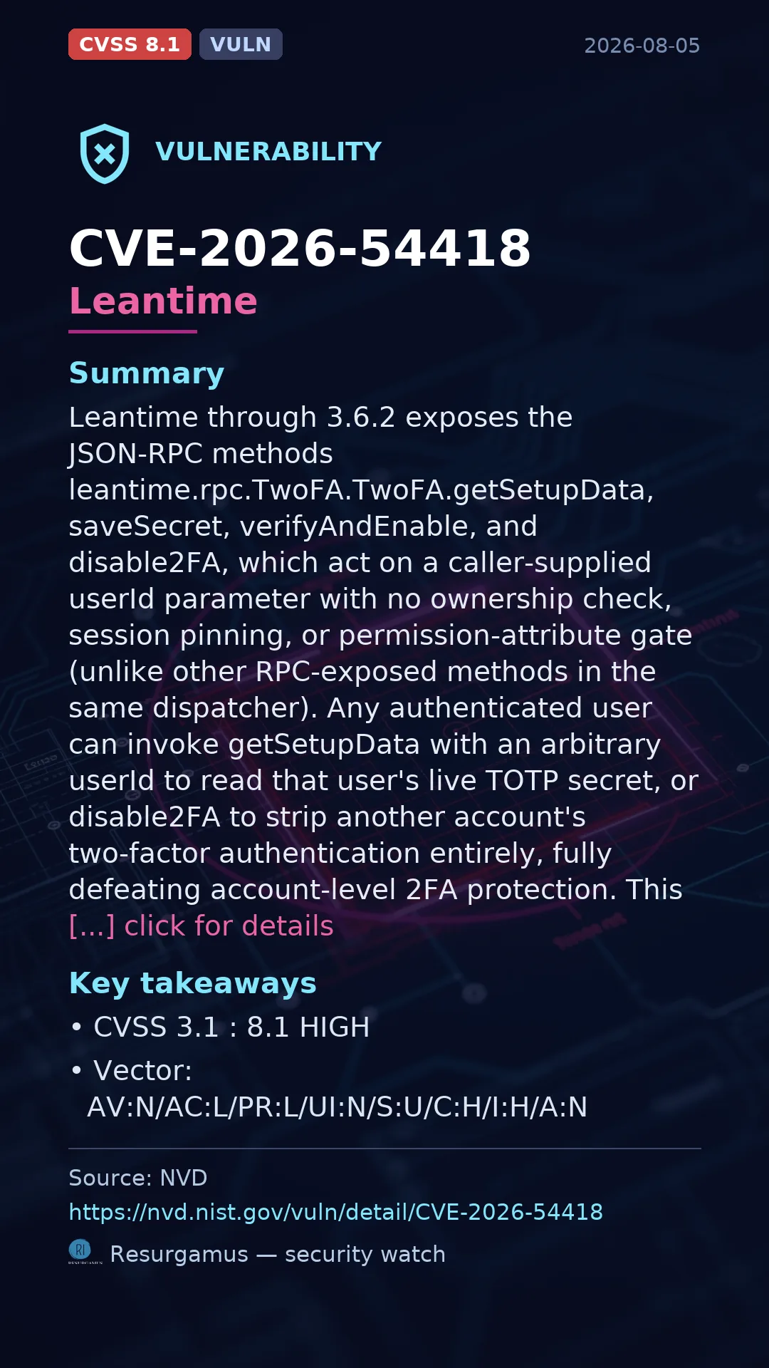 CVE-2026-54418 Leantime Vulnerability