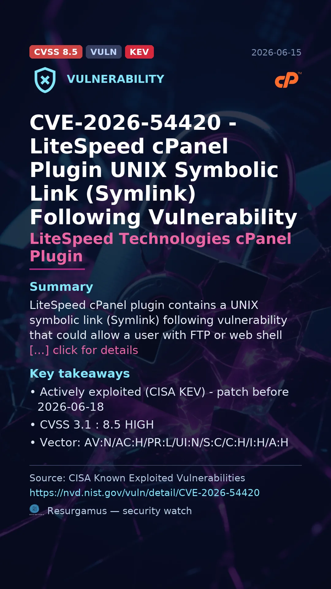 CVE-2026-54420 - LiteSpeed Technologies cPanel Plugin - actively exploited (KEV) vulnerability