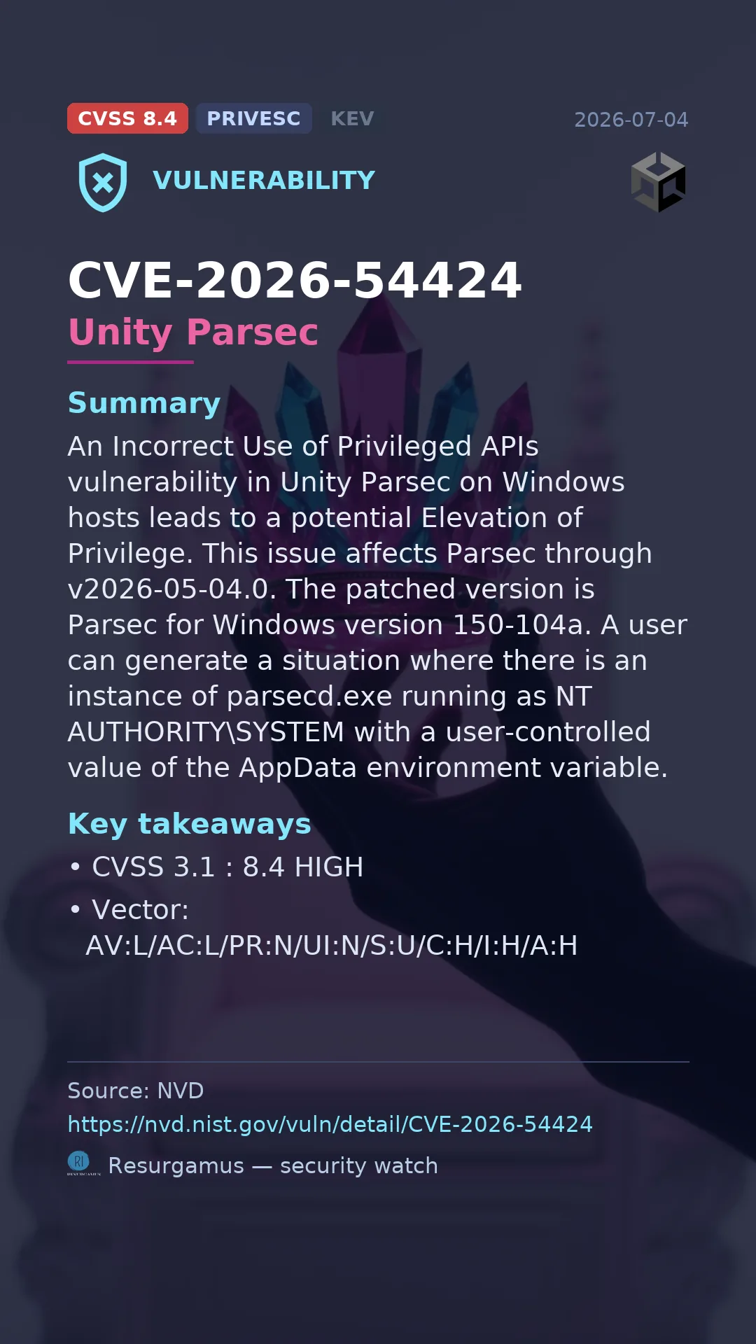 CVE-2026-54424 Unity Parsec Vulnerability