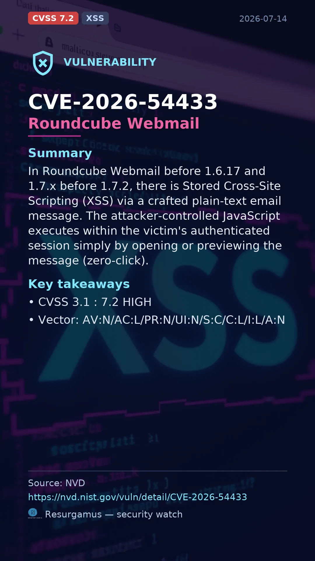 CVE-2026-54433 Roundcube Webmail Vulnerability