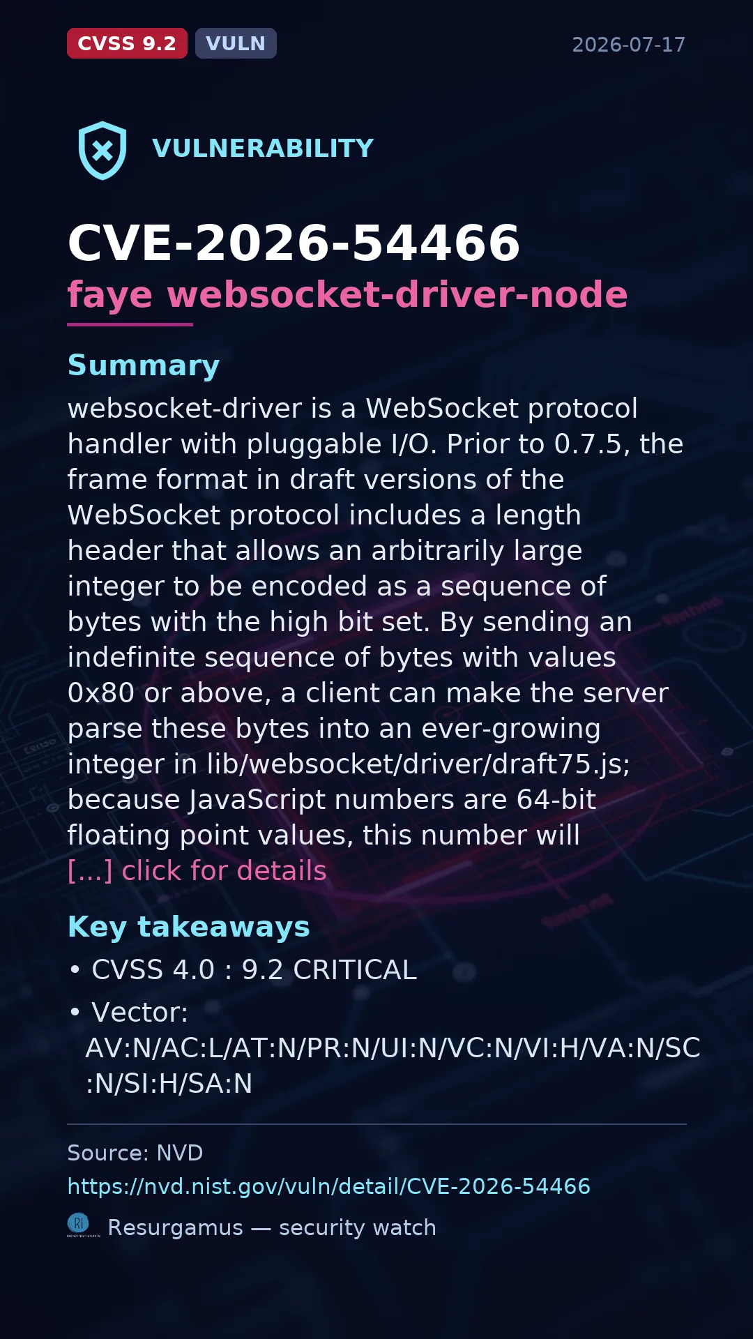 CVE-2026-54466 faye websocket-driver-node Vulnerability