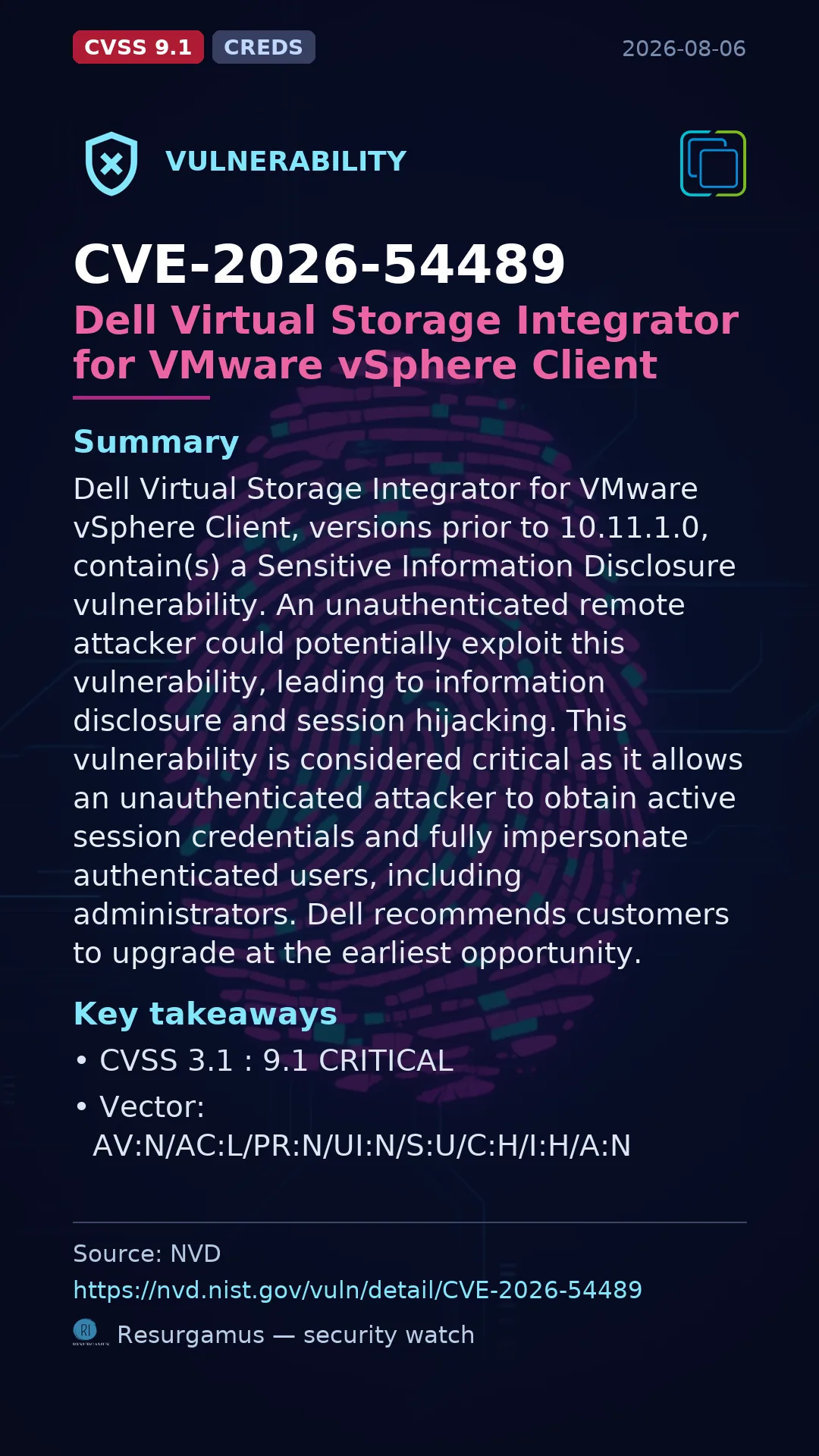 CVE-2026-54489 Dell Virtual Storage Integrator for VMware vSphere Client Vulnerability