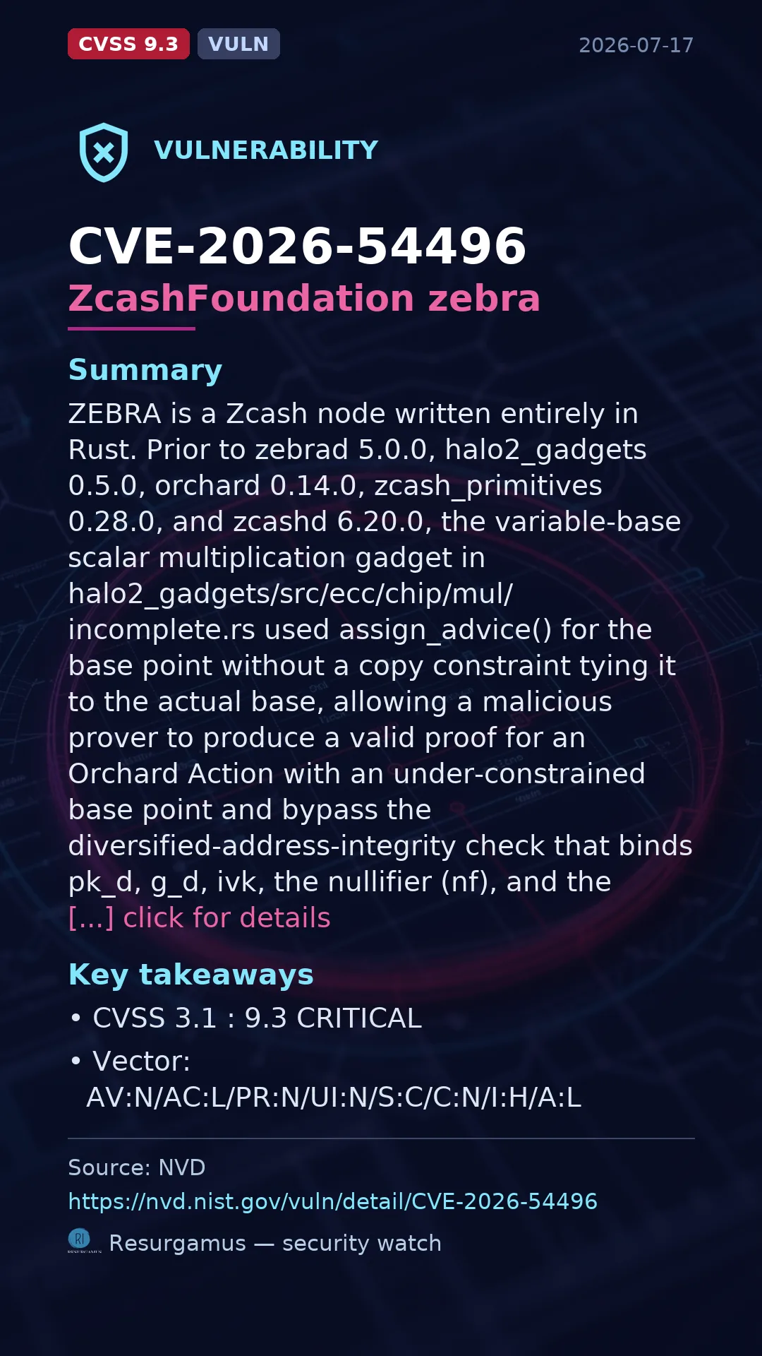 CVE-2026-54496 ZcashFoundation zebra Vulnerability