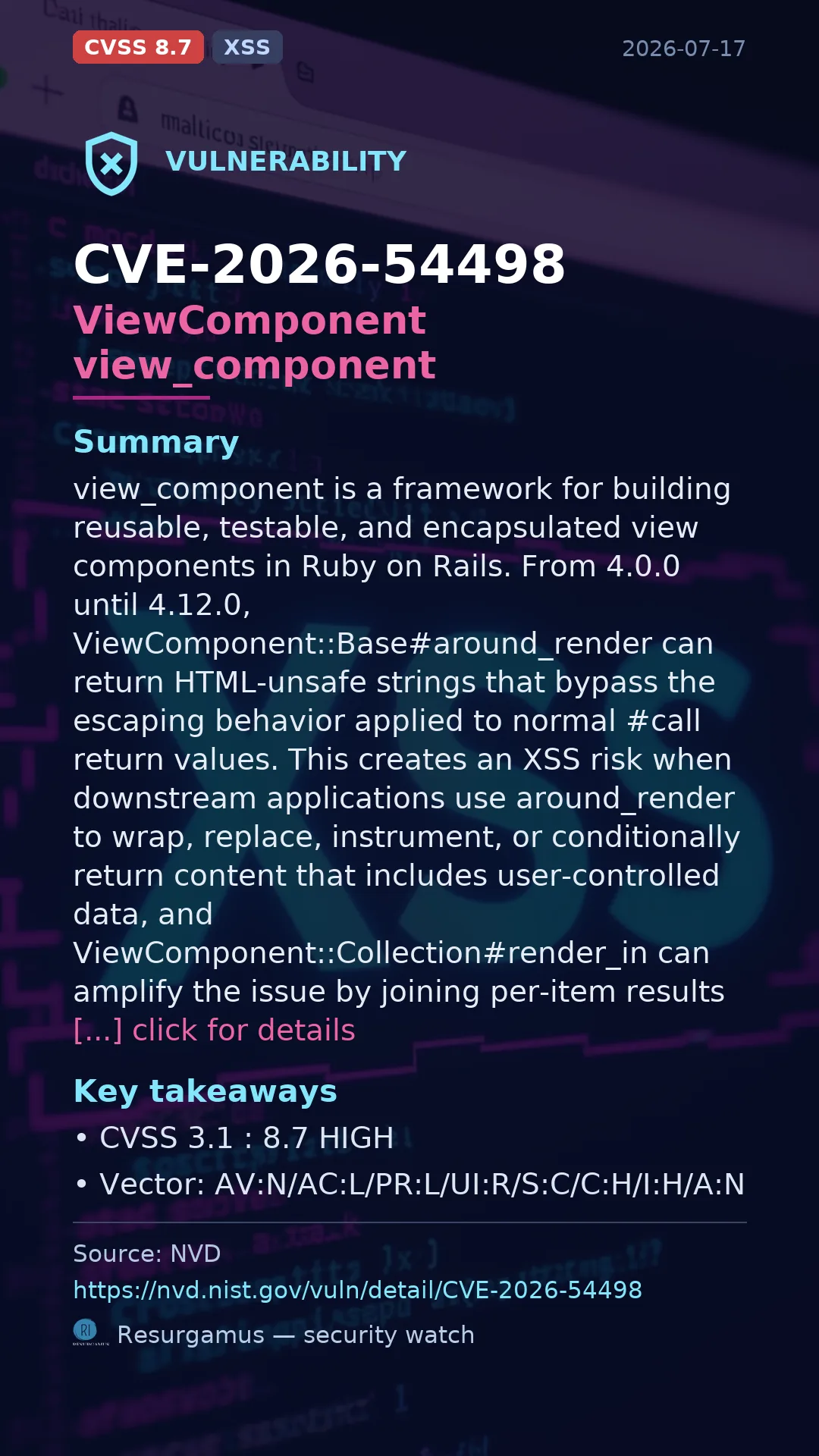 CVE-2026-54498 ViewComponent view_component Vulnerability
