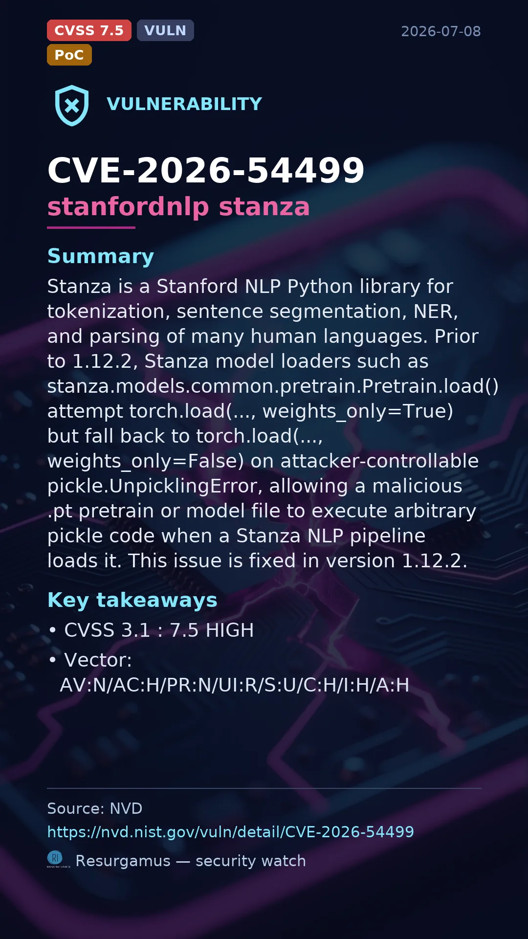 CVE-2026-54499 stanfordnlp stanza Vulnerability