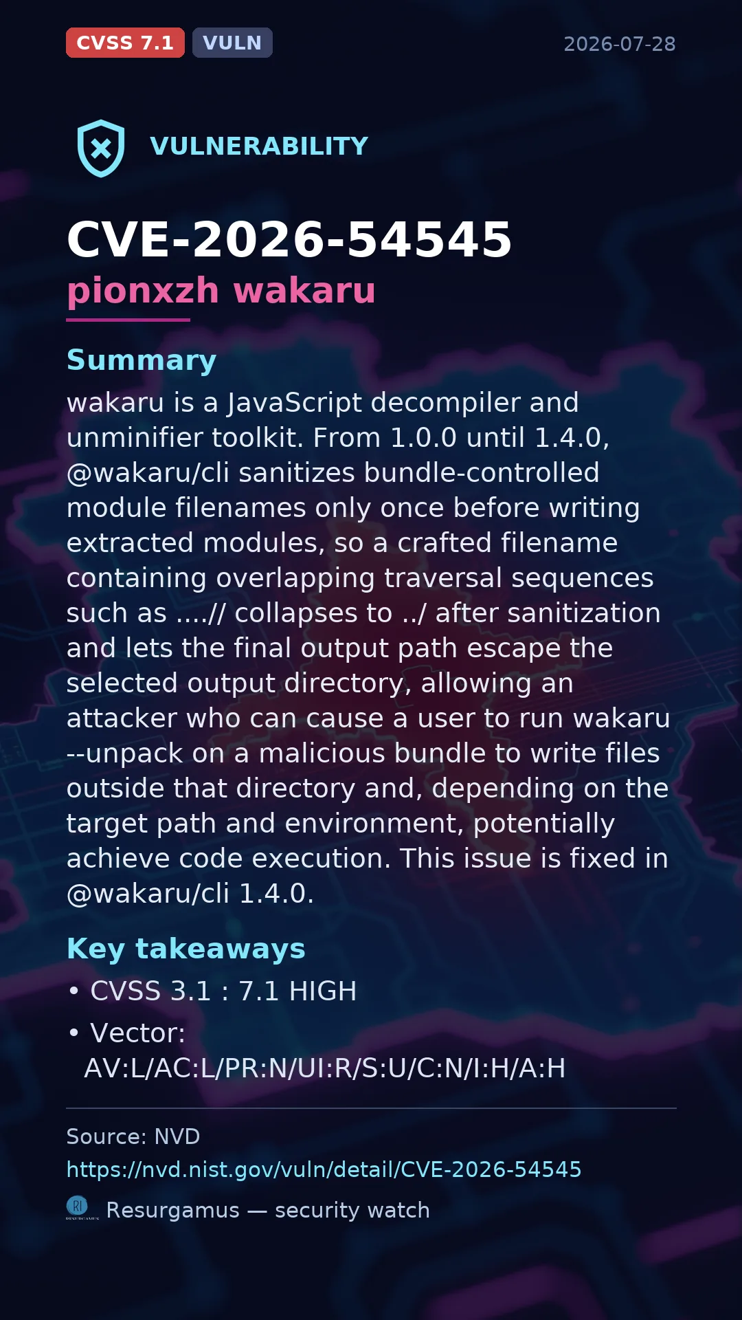 CVE-2026-54545 pionxzh wakaru Vulnerability