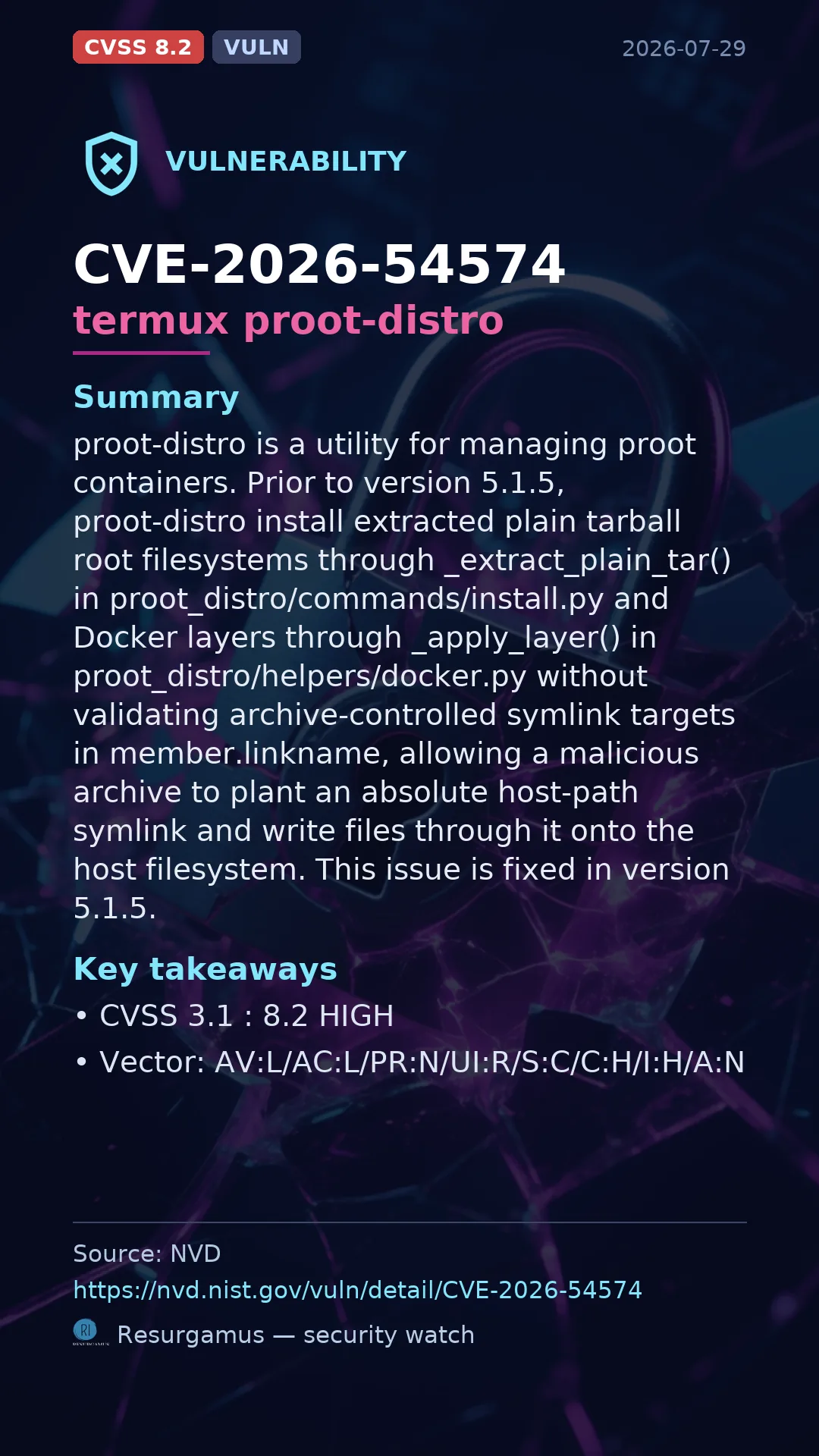 CVE-2026-54574 termux proot-distro Vulnerability