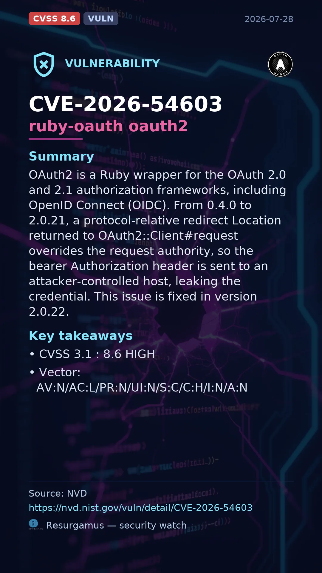 CVE-2026-54603 ruby-oauth oauth2 Vulnerability