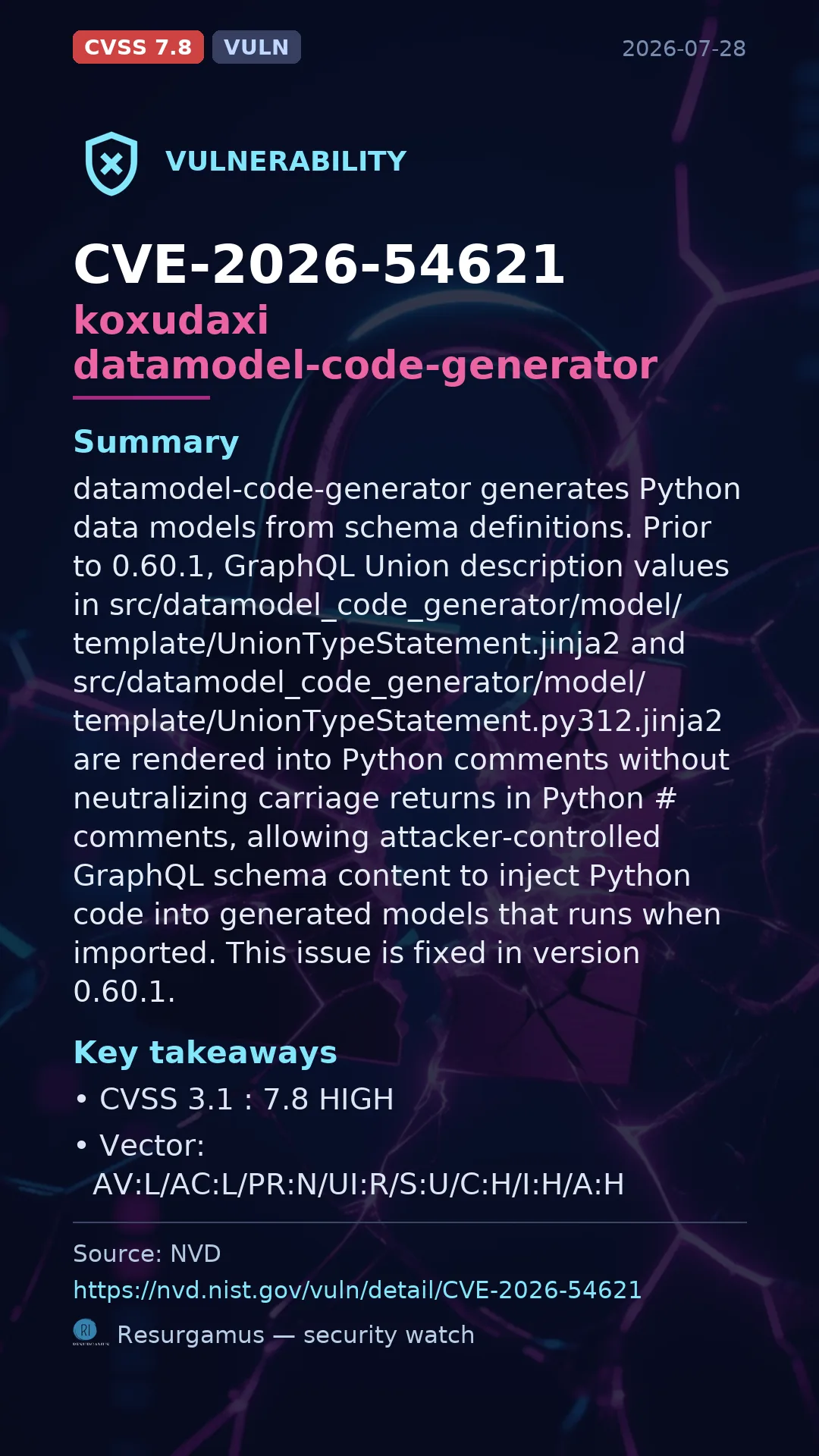 CVE-2026-54621 koxudaxi datamodel-code-generator Vulnerability