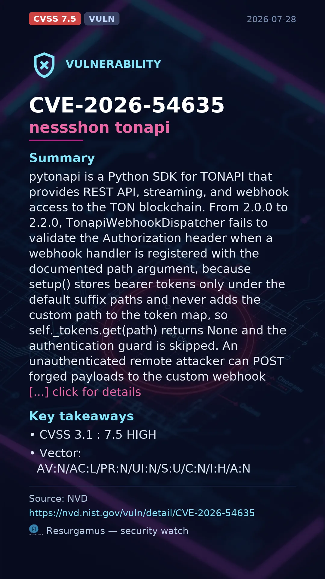 CVE-2026-54635 nessshon tonapi Vulnerability