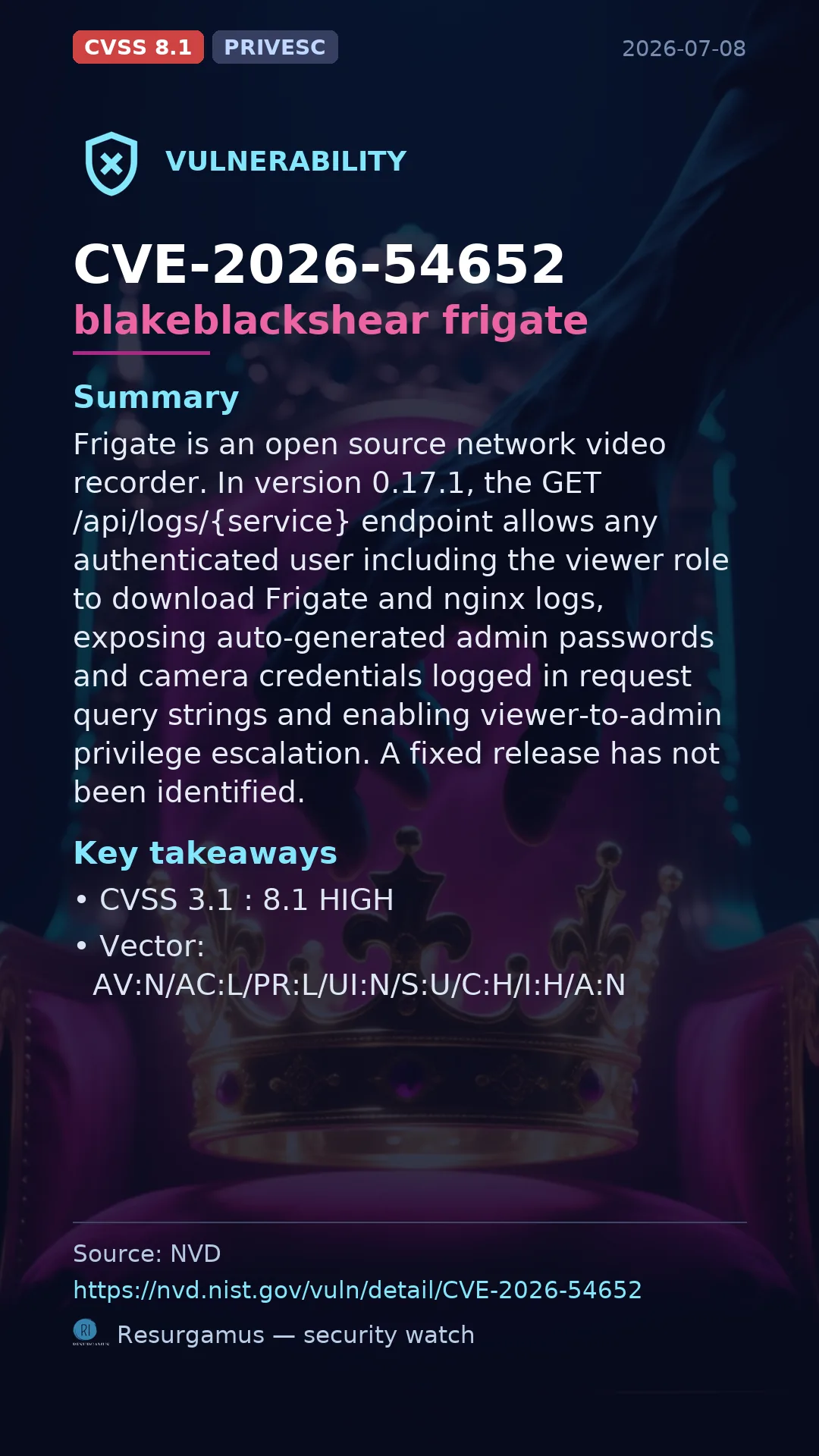 CVE-2026-54652 blakeblackshear frigate Vulnerability