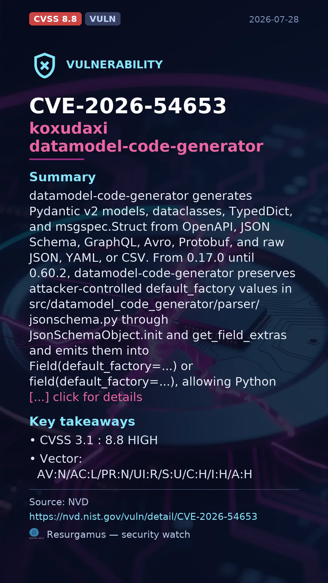 CVE-2026-54653 koxudaxi datamodel-code-generator Vulnerability