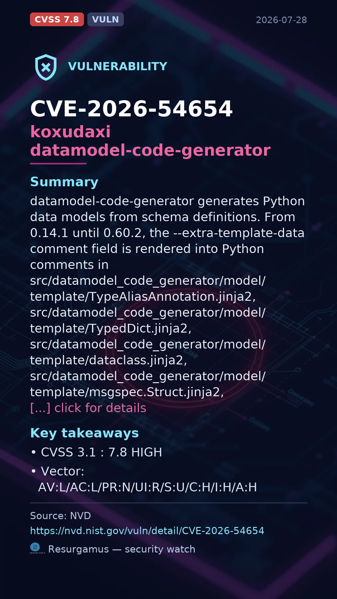 CVE-2026-54654 koxudaxi datamodel-code-generator Vulnerability