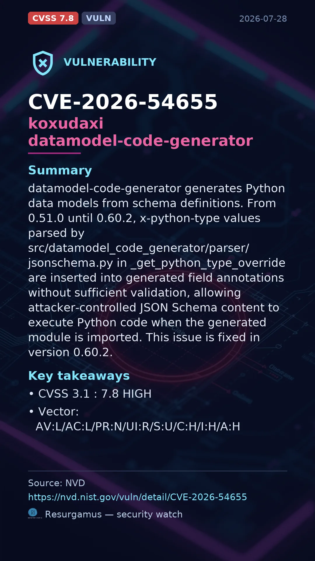 CVE-2026-54655 koxudaxi datamodel-code-generator Vulnerability