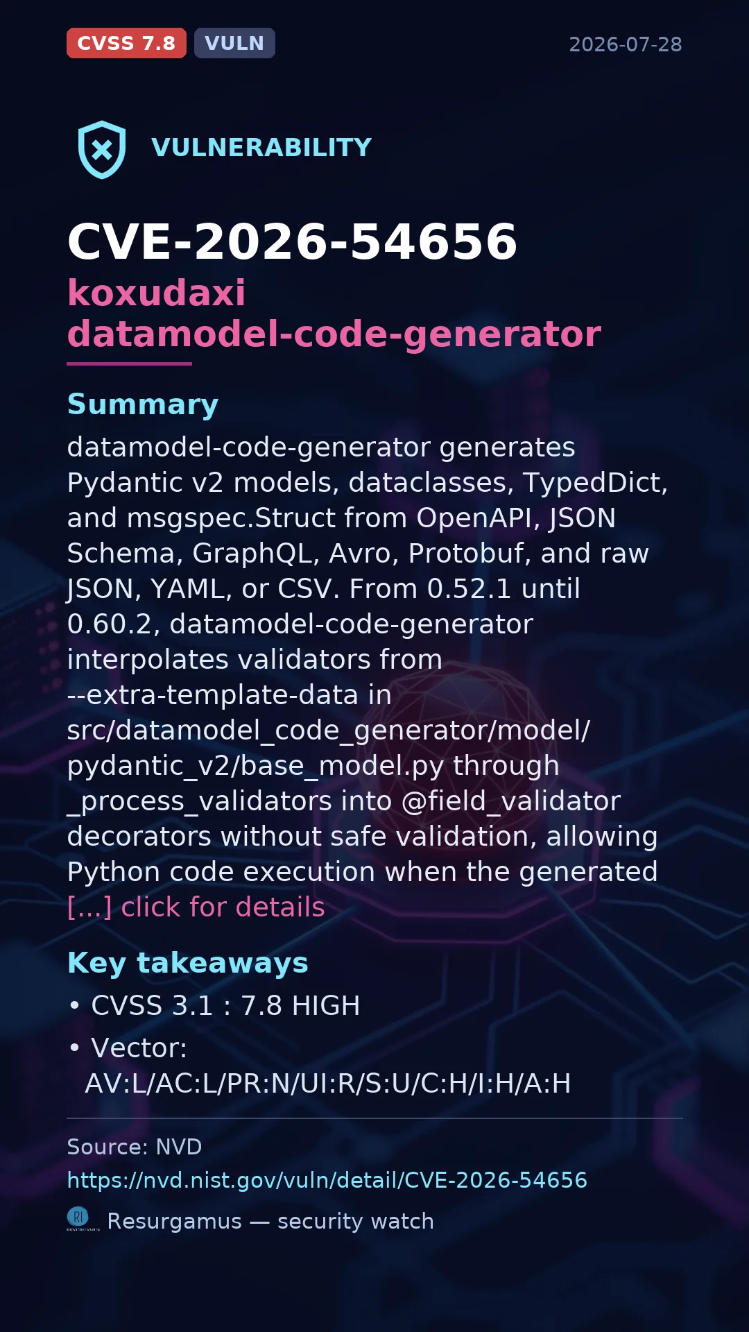 CVE-2026-54656 koxudaxi datamodel-code-generator Vulnerability