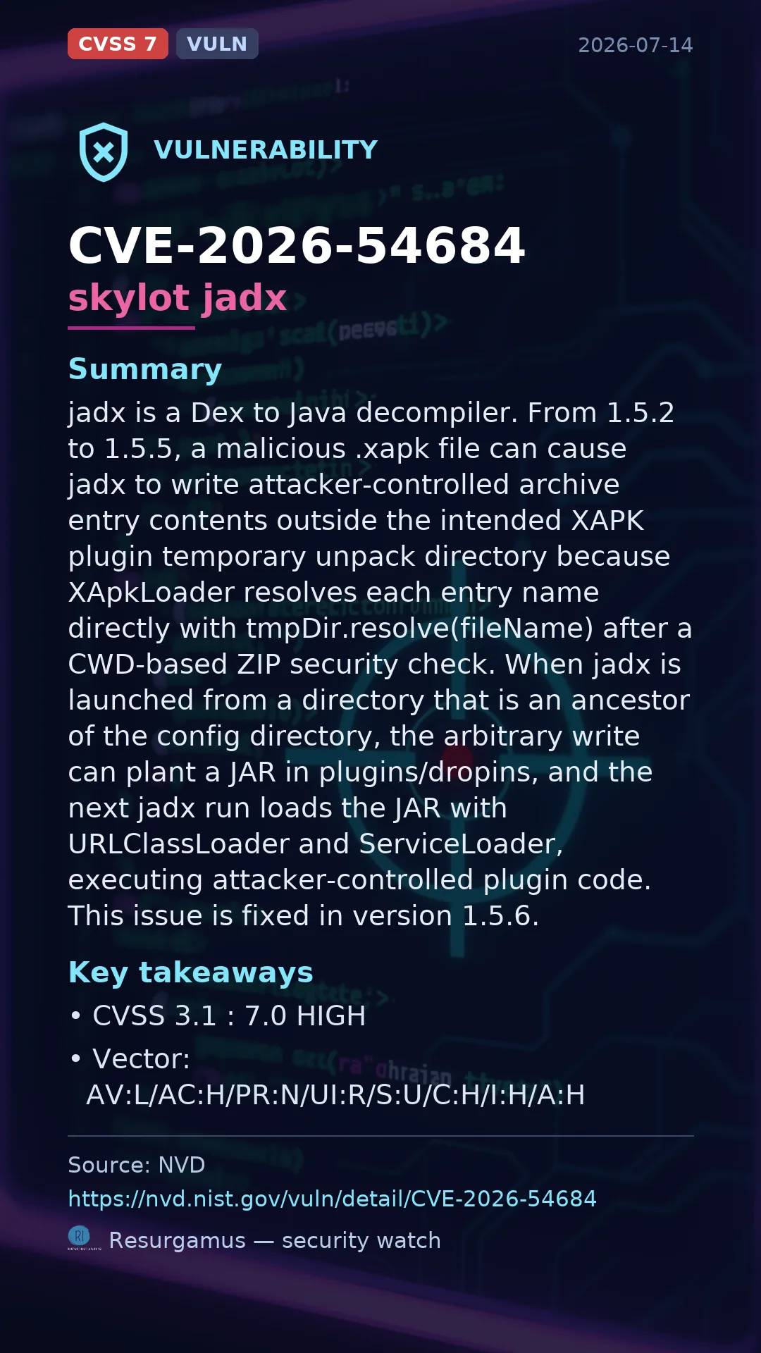 CVE-2026-54684 skylot jadx Vulnerability