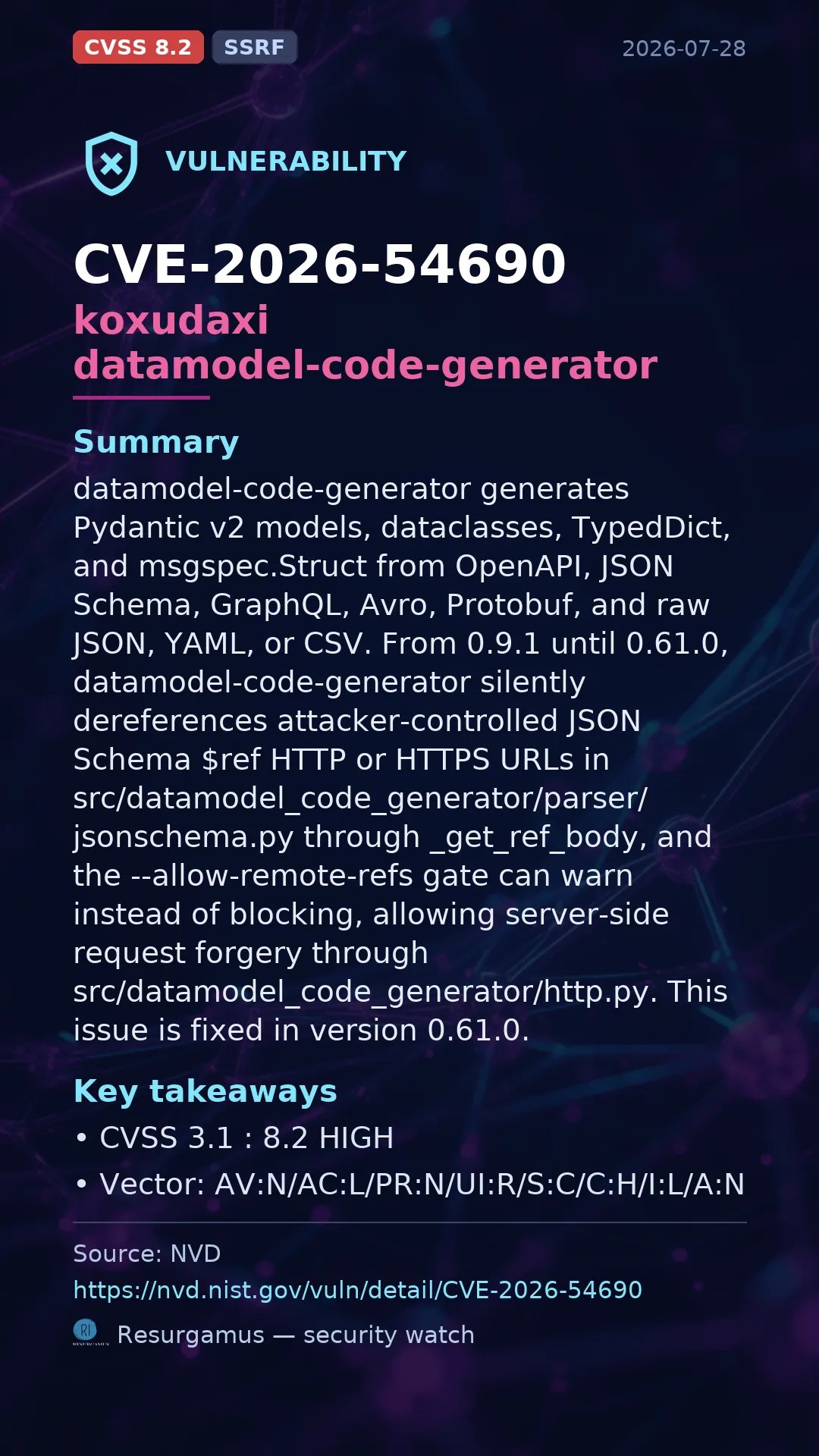 CVE-2026-54690 koxudaxi datamodel-code-generator Vulnerability
