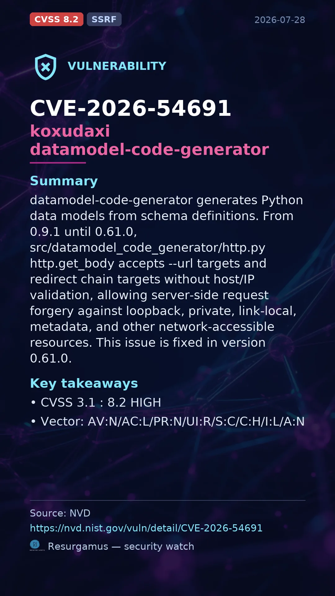 CVE-2026-54691 koxudaxi datamodel-code-generator Vulnerability