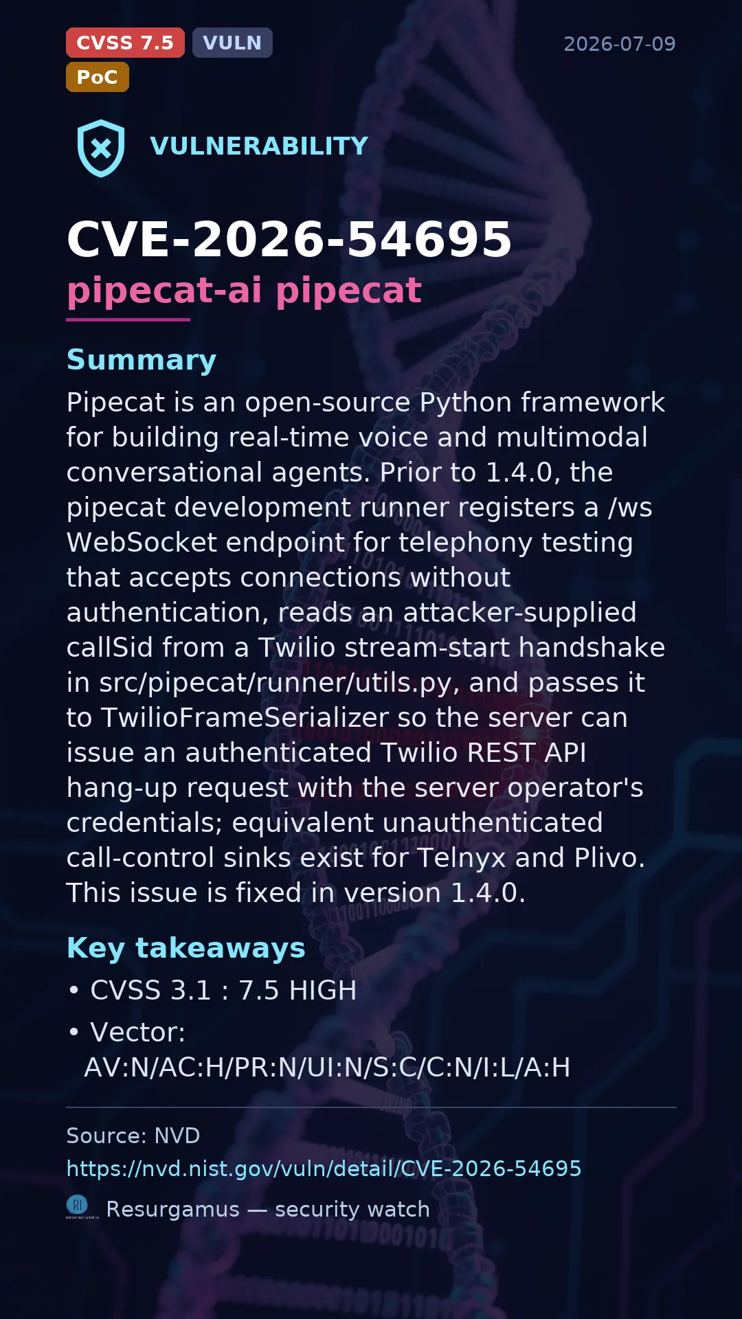 CVE-2026-54695 pipecat-ai pipecat Vulnerability