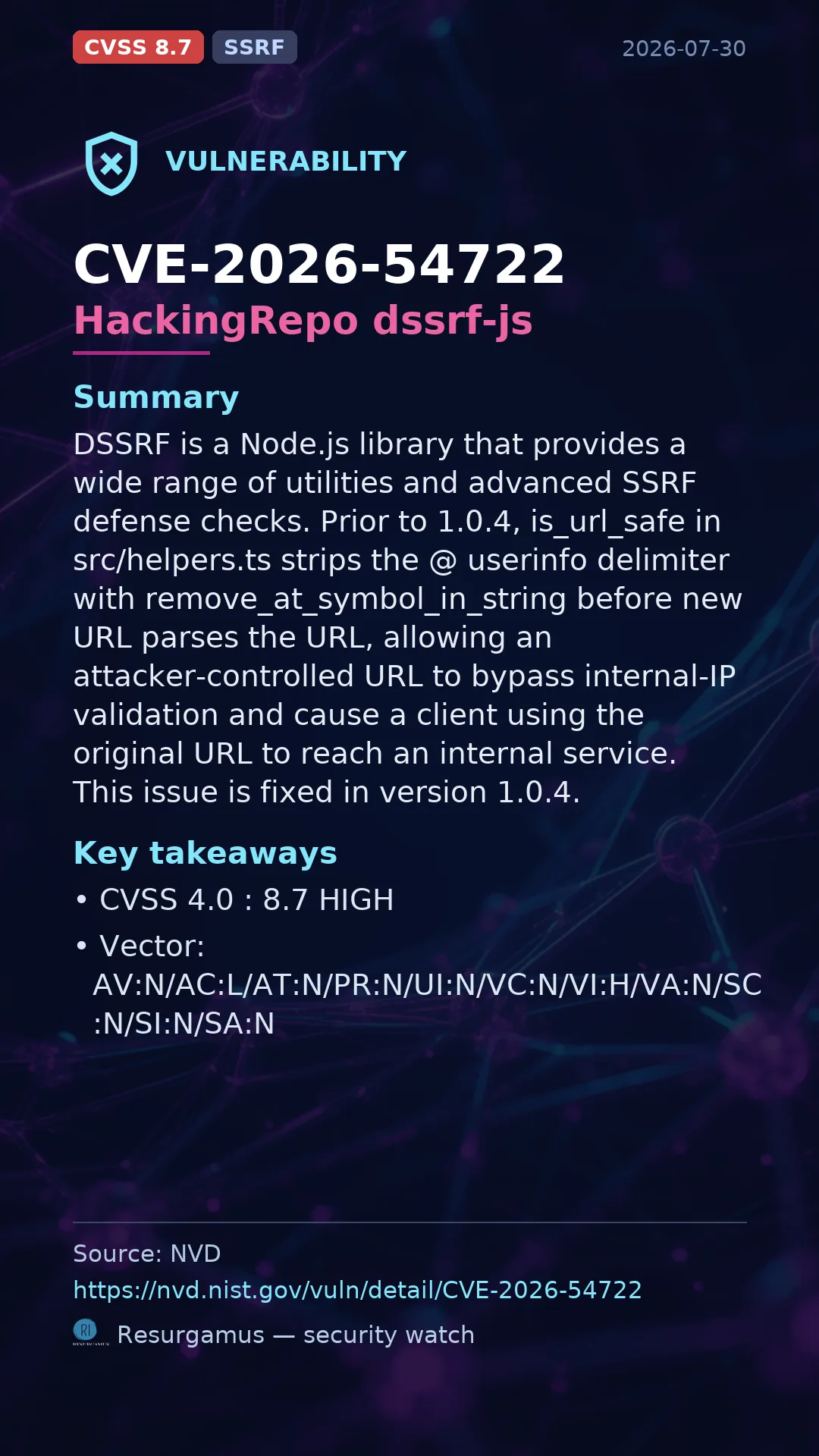 CVE-2026-54722 HackingRepo dssrf-js Vulnerability