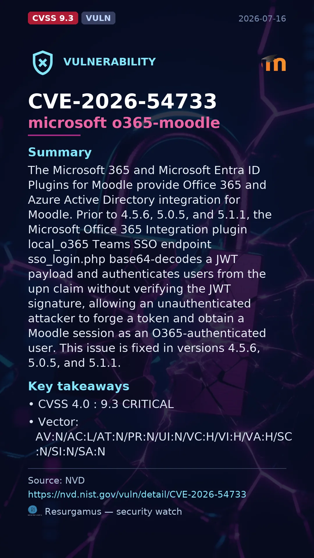 CVE-2026-54733 microsoft o365-moodle Vulnerability