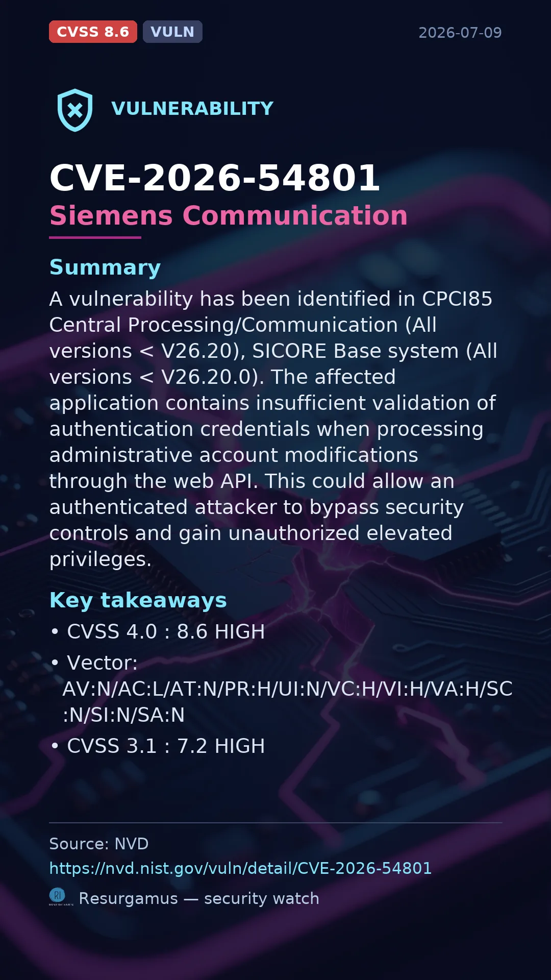 CVE-2026-54801 Siemens Communication Vulnerability