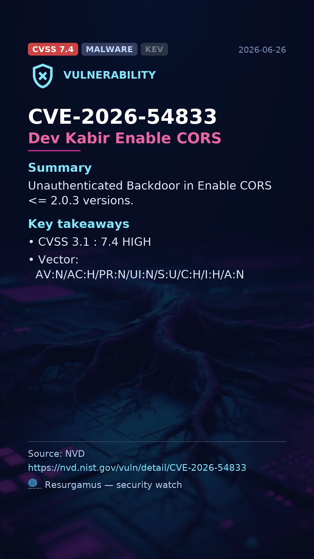 CVE-2026-54833 Dev Kabir Enable CORS Vulnerability