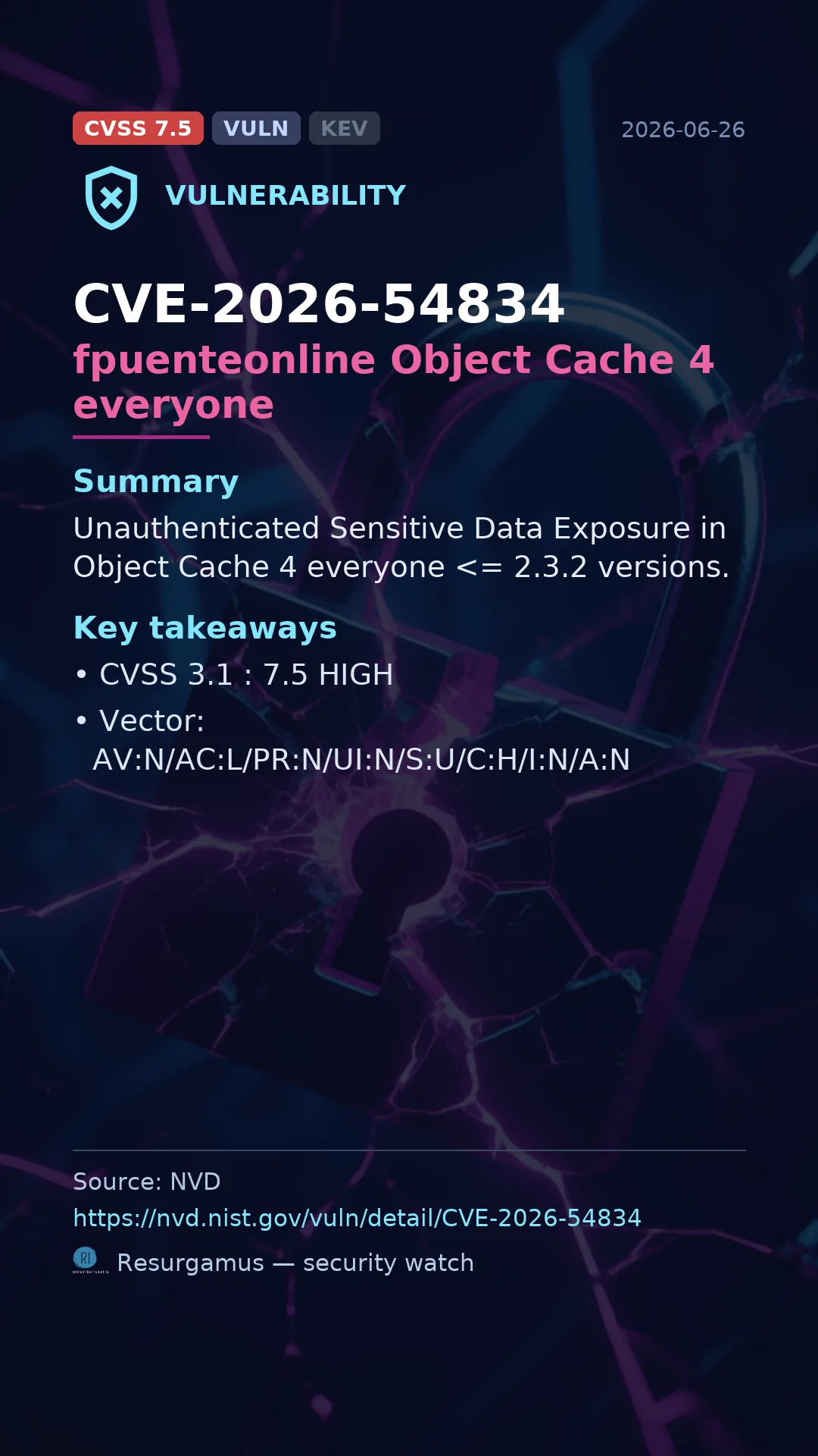 CVE-2026-54834 fpuenteonline Object Cache 4 everyone Vulnerability