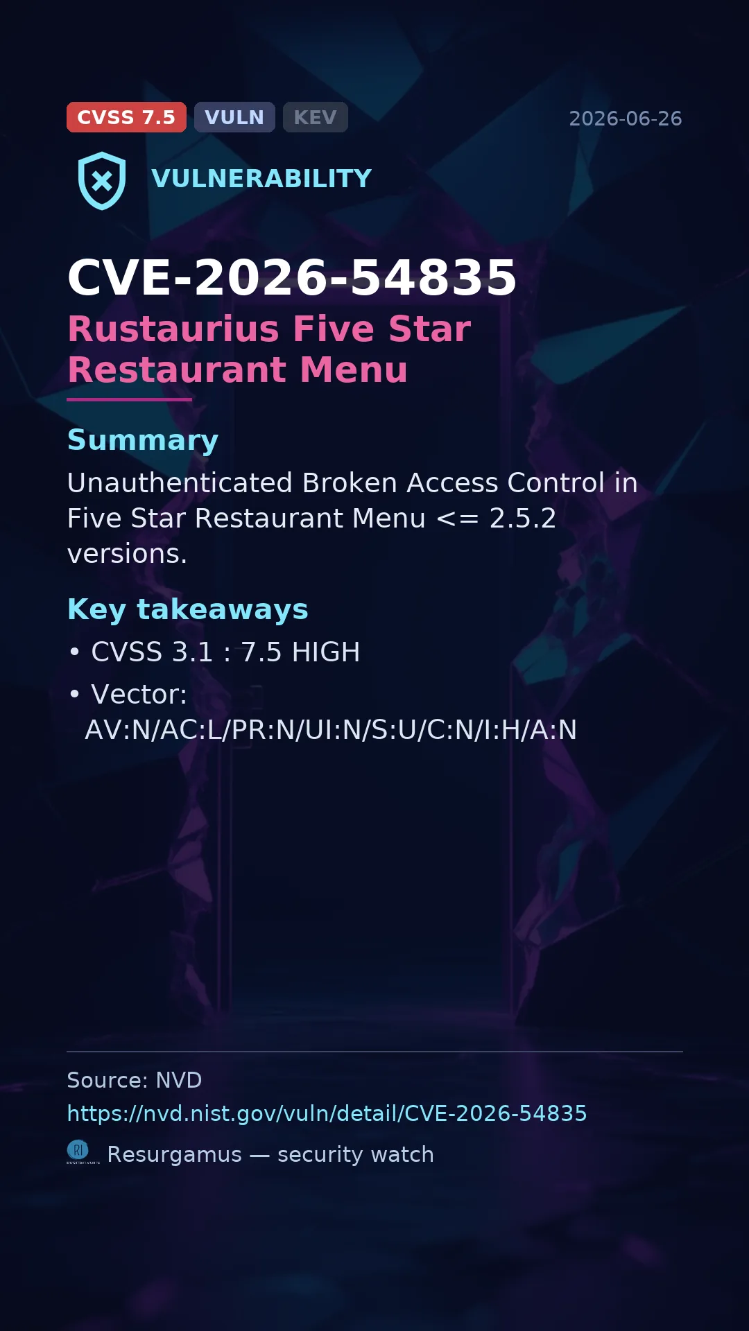 CVE-2026-54835 Rustaurius Five Star Restaurant Menu Vulnerability