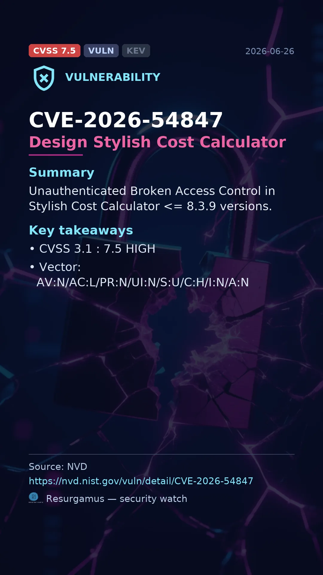 CVE-2026-54847 Design Stylish Cost Calculator Vulnerability