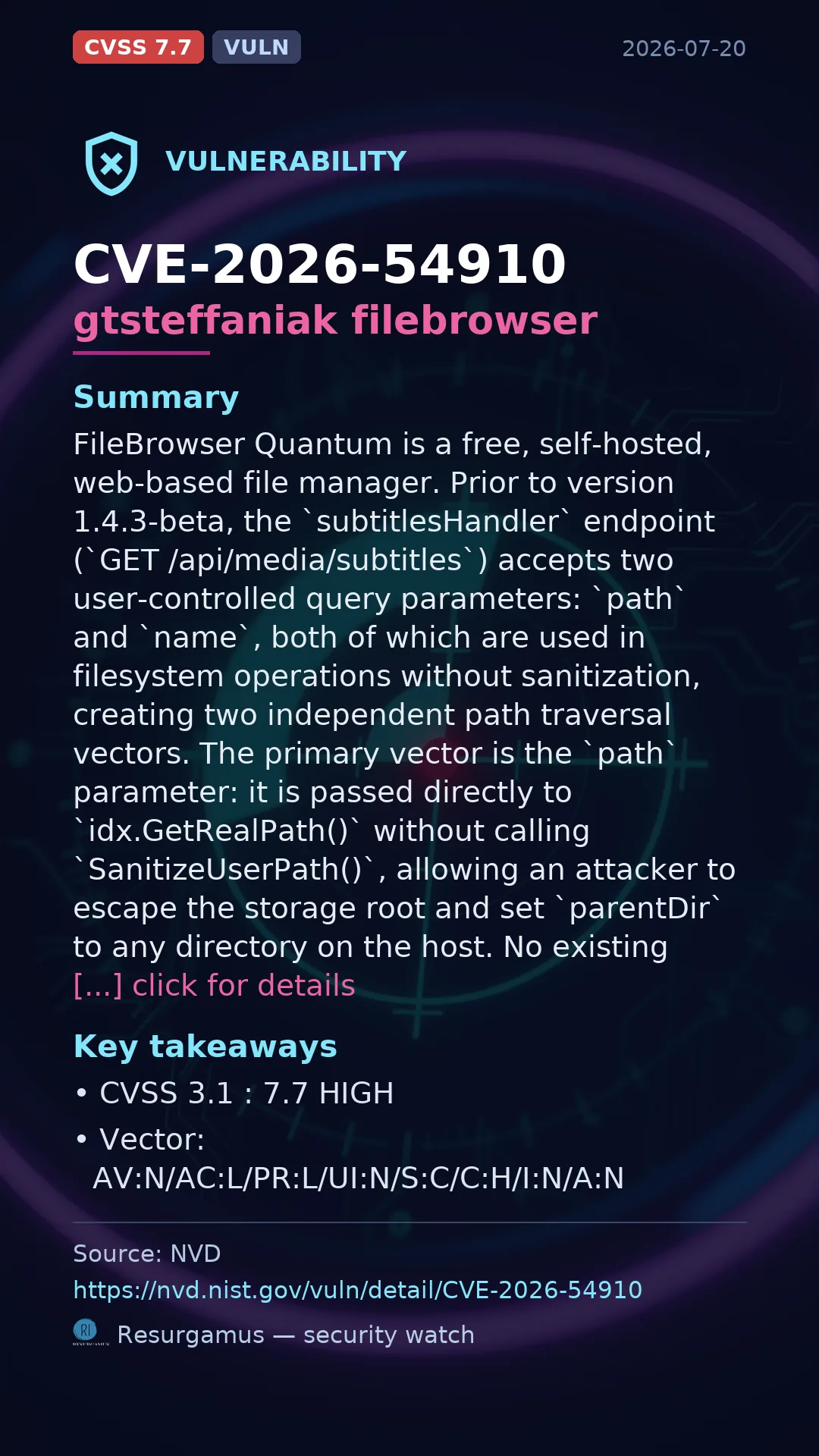 CVE-2026-54910 gtsteffaniak filebrowser Vulnerability