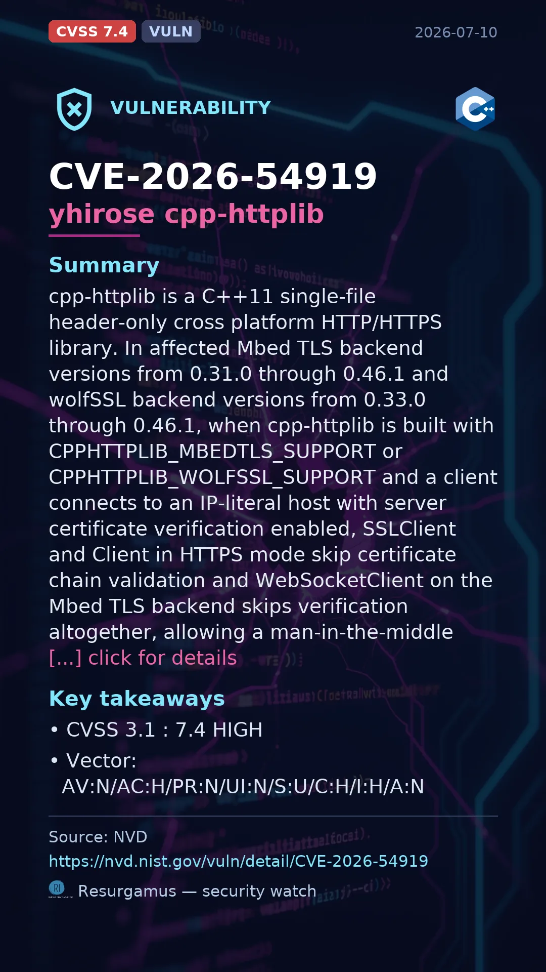 CVE-2026-54919 yhirose cpp-httplib Vulnerability