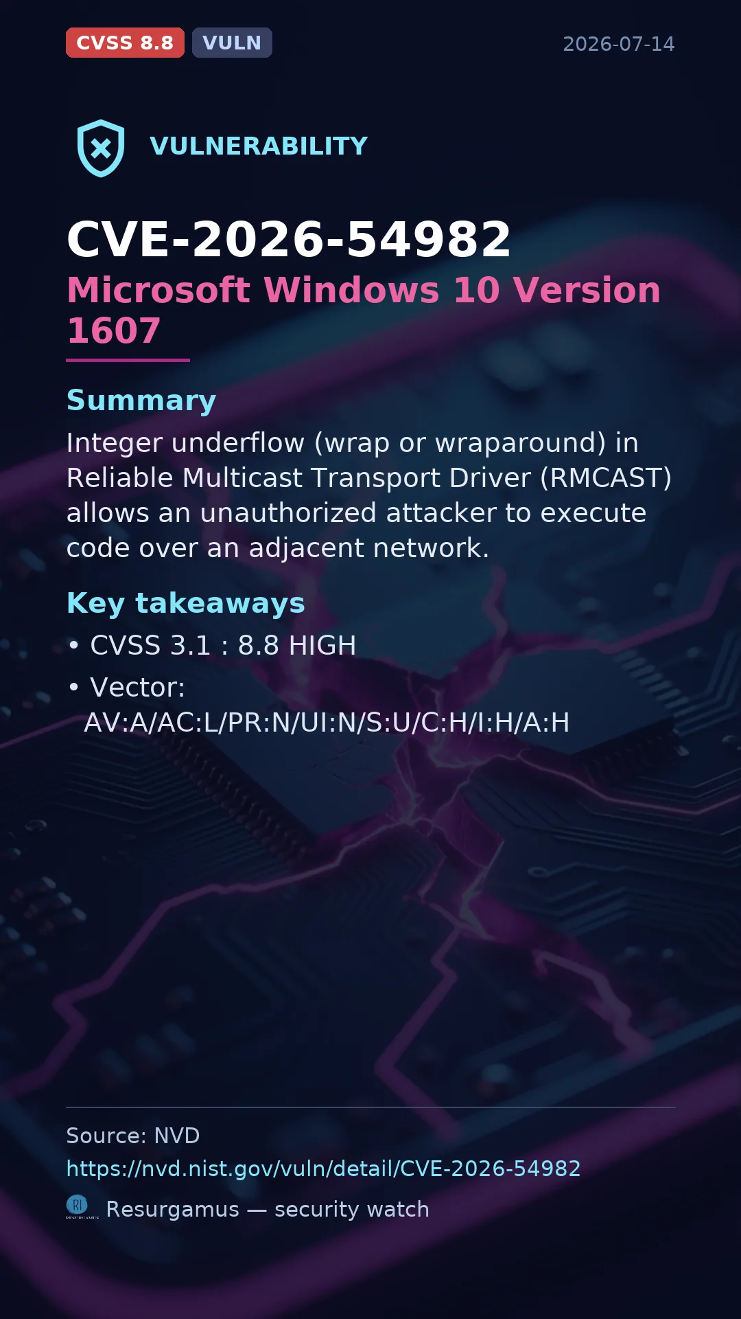 CVE-2026-54982 Microsoft Windows 10 Version 1607 Vulnerability