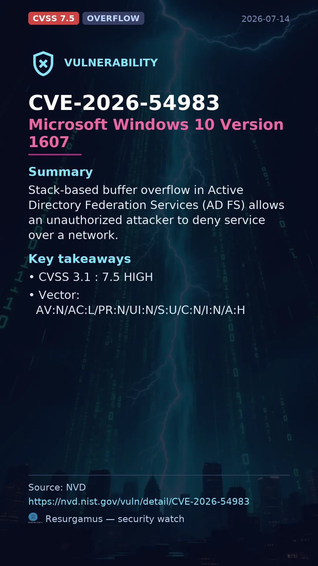 CVE-2026-54983 Microsoft Windows 10 Version 1607 Vulnerability